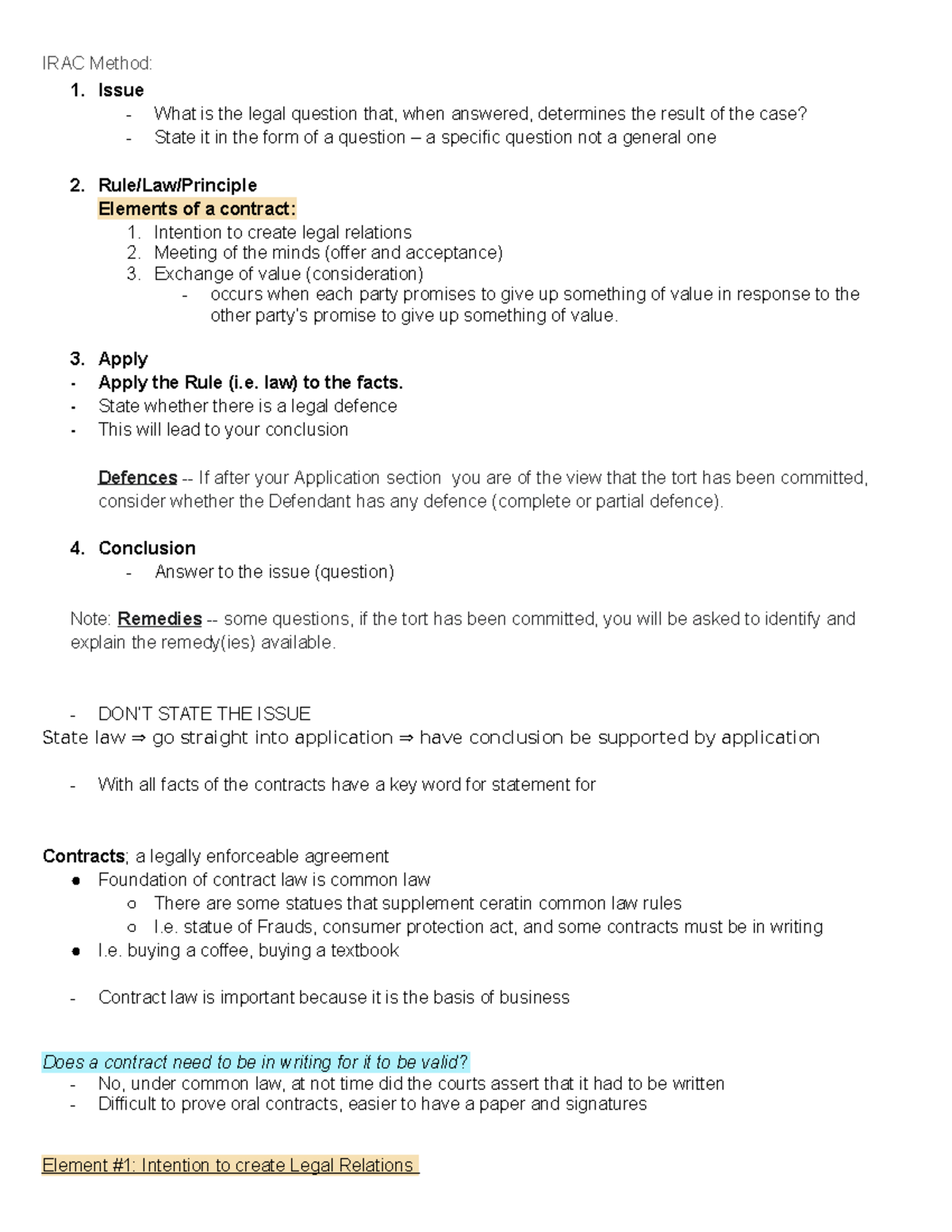 LAW 122 Final Exam Study Notes: Understanding Contract Law Elements ...