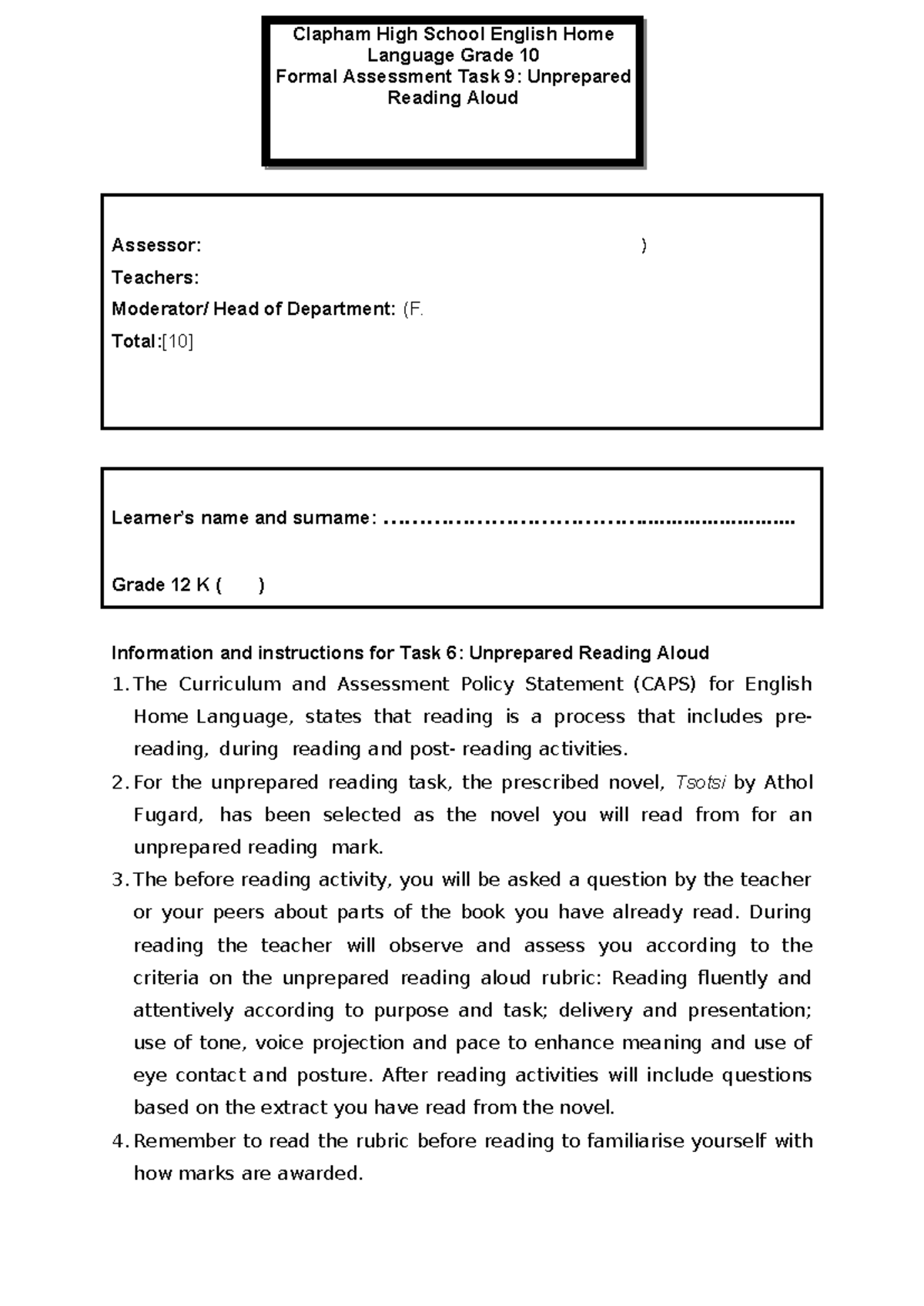 Grade 10 English Home Language Unprepared Reading Task 6 - Studocu
