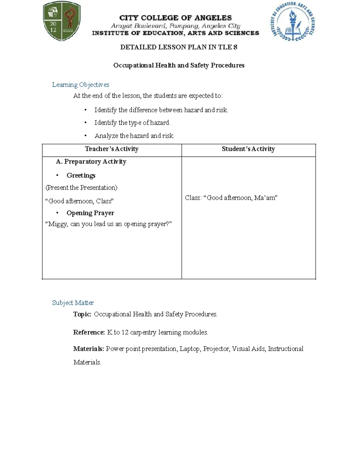 Detailed Lesson Plan in TLE 8: Occupational Health & Safety Procedures ...