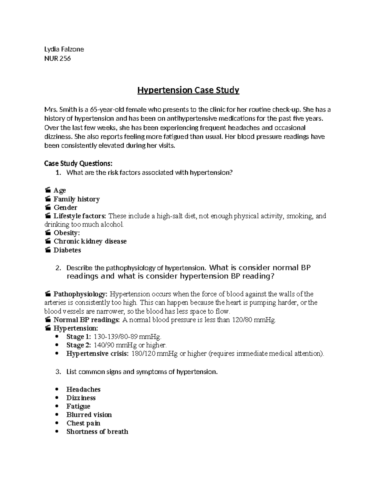 Hypertension Case Study - Lydia Falzone NUR 256 Hypertension Case Study ...