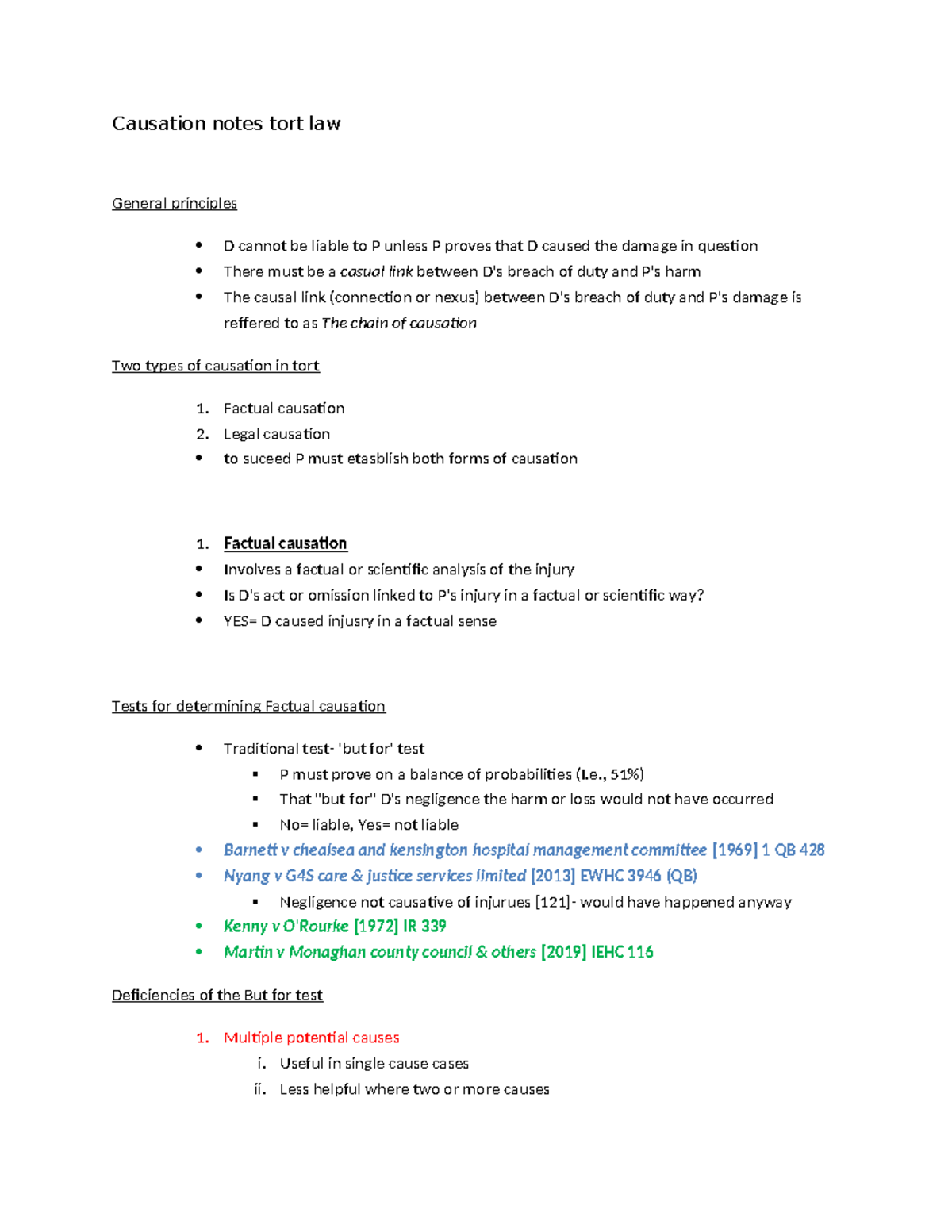 Causation Notes in Tort Law (LAW101): Key Principles and Tests - Studocu