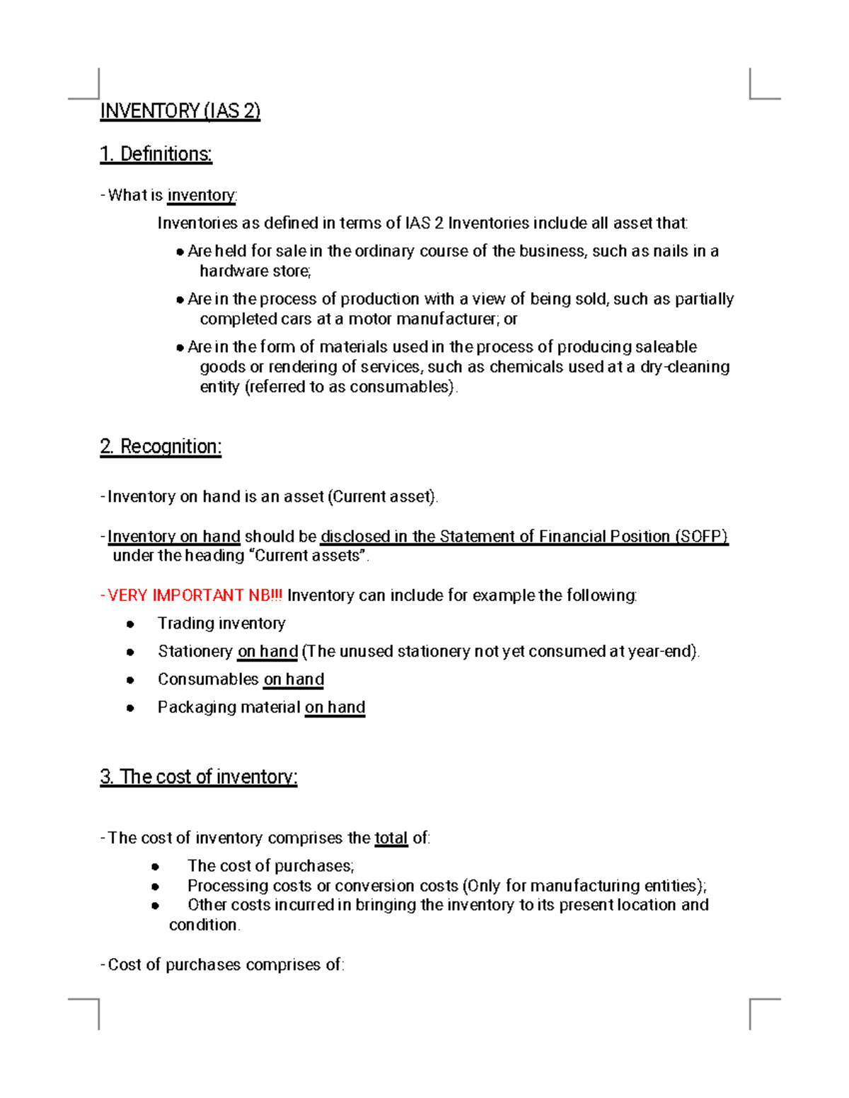 Summary of Inventory Concepts - IAS 2 for Accounting Students - Studocu