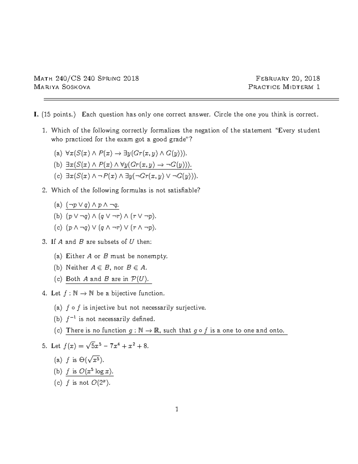 Math 240/CS 240 Spring 2018 Practice Midterm 1 Solutions - Studocu