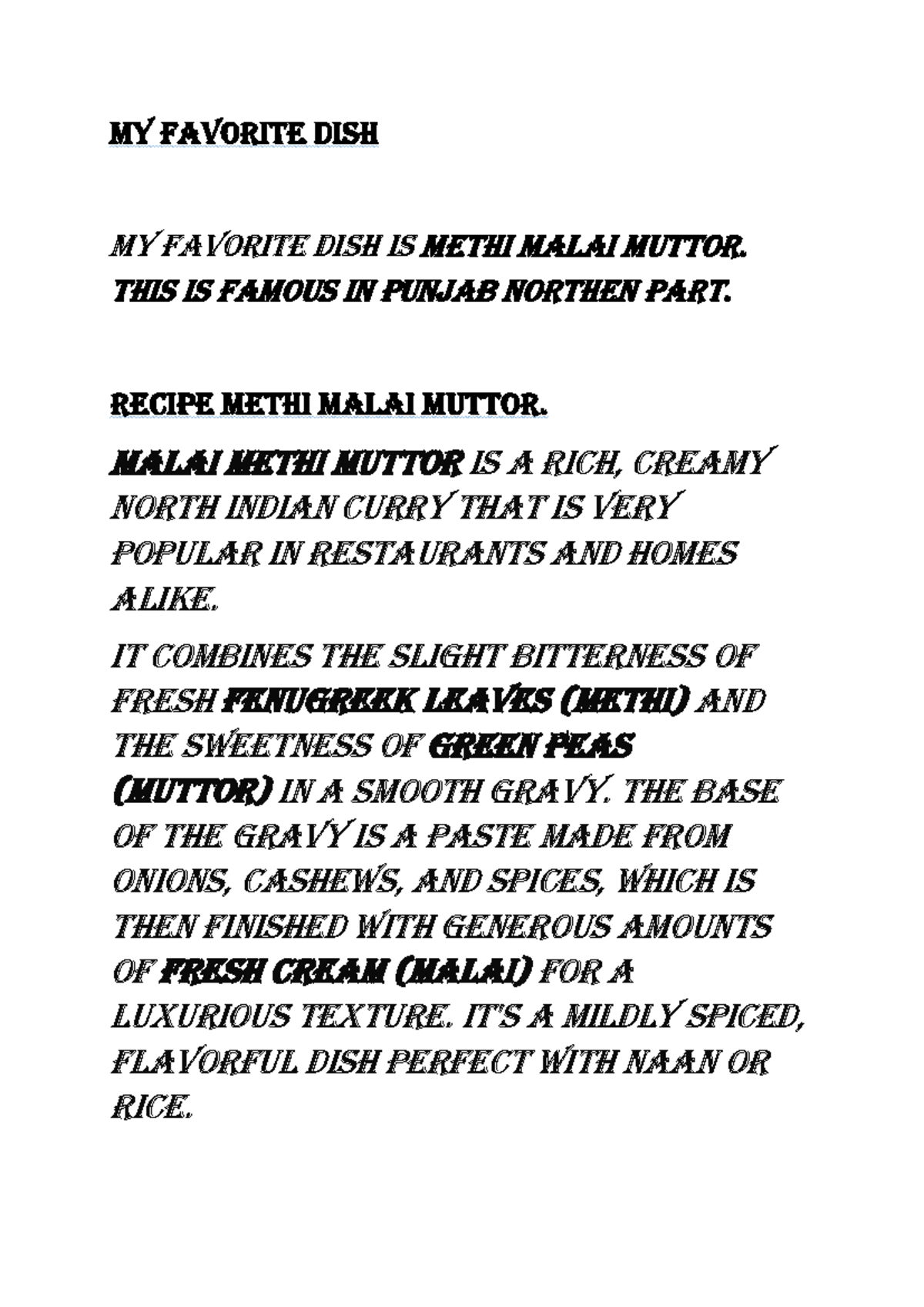 MTH 101: Recipe for Methi Malai Muttor - A Creamy Delight - Studocu