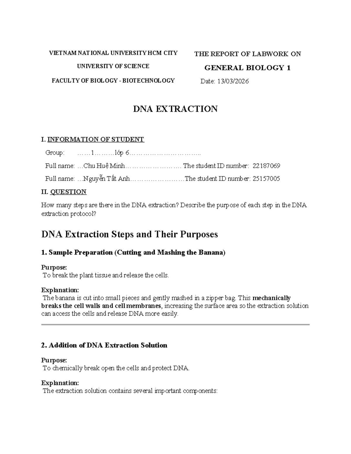 Report on DNA Extraction Labwork - General Biology 1 (BIOL101) - Studocu