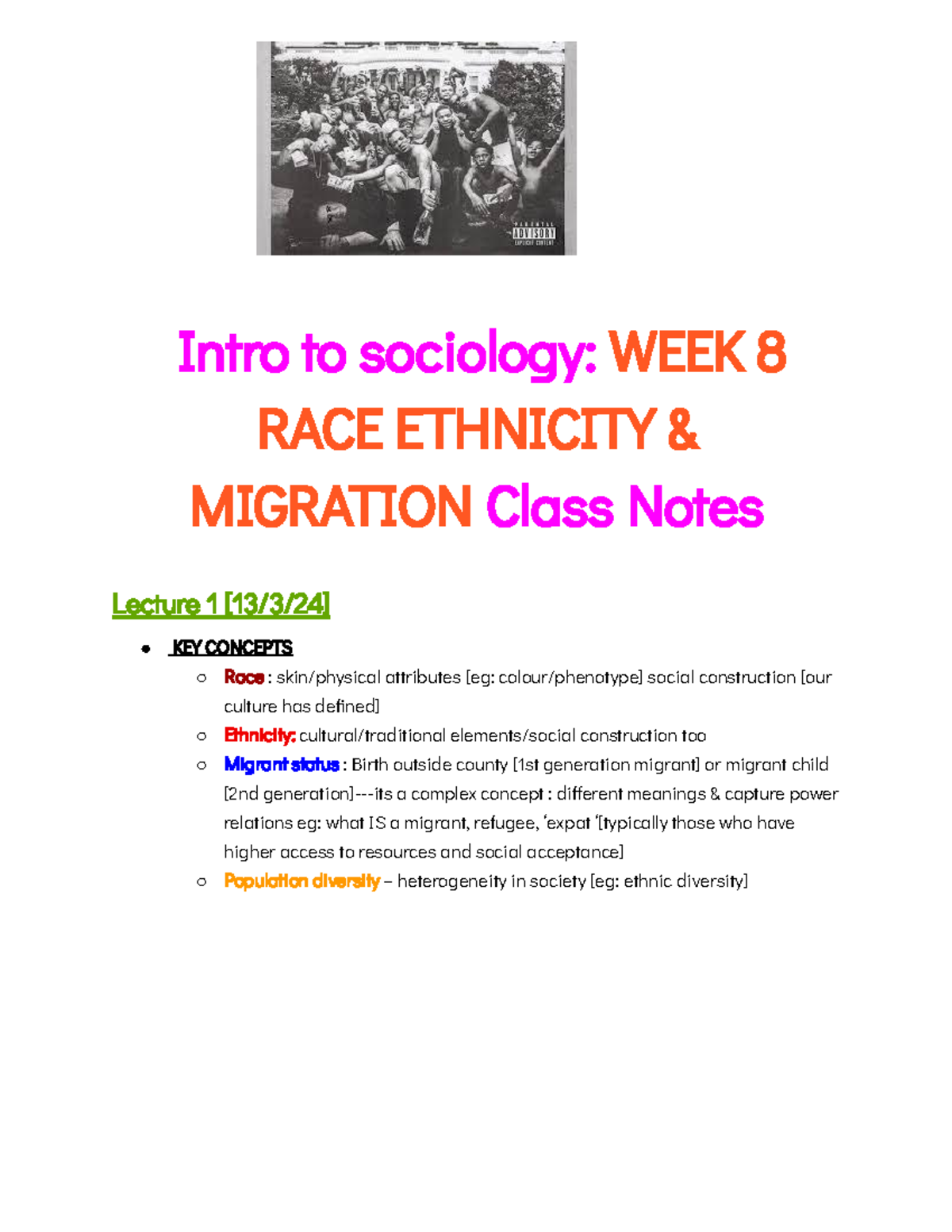 Intro to Sociology: RACE, Ethnicity & Migration Class Notes (Wk 8 ...