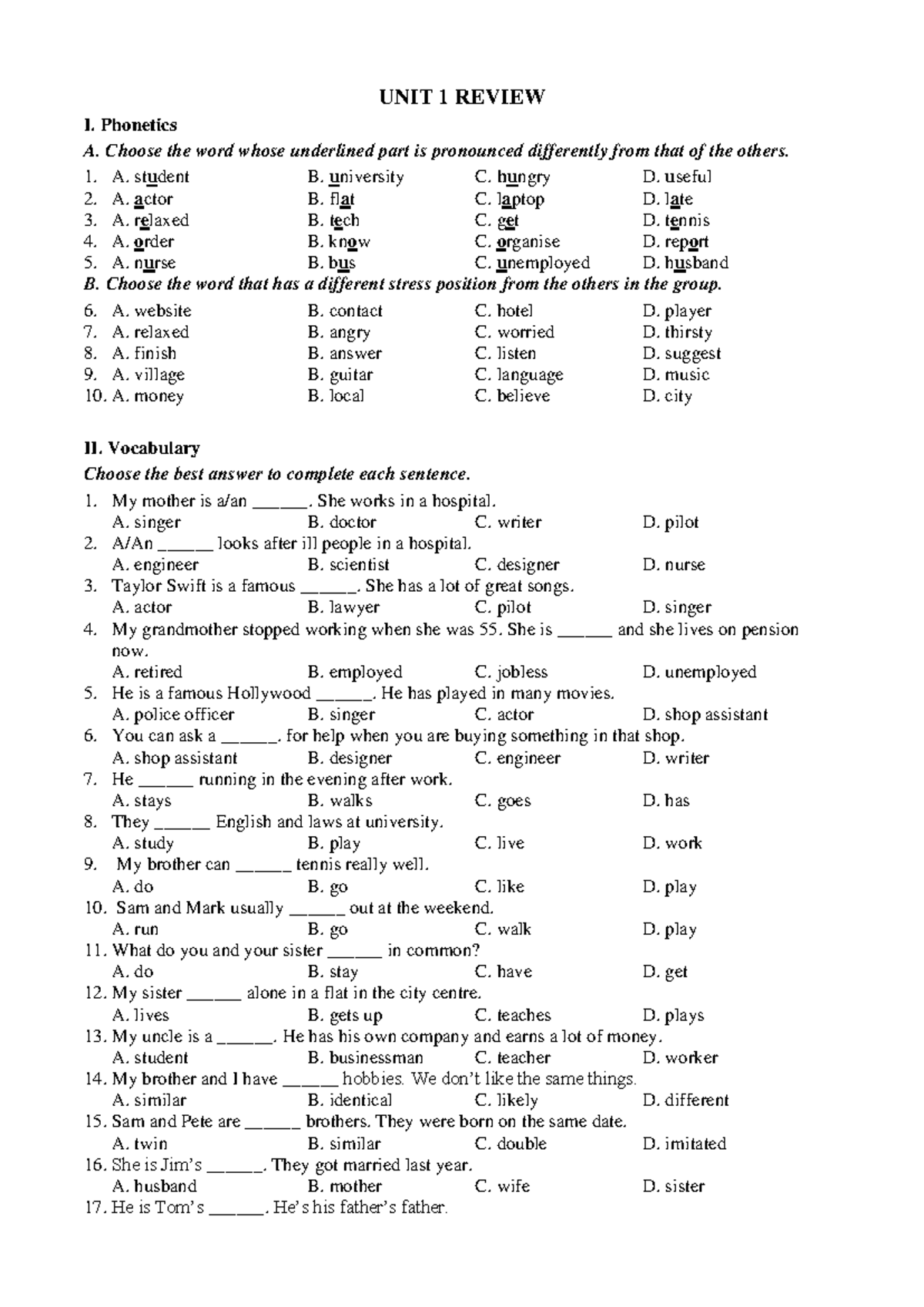 Unit 1 Review: Phonetics, Vocabulary, and Reading Exercises - Studocu