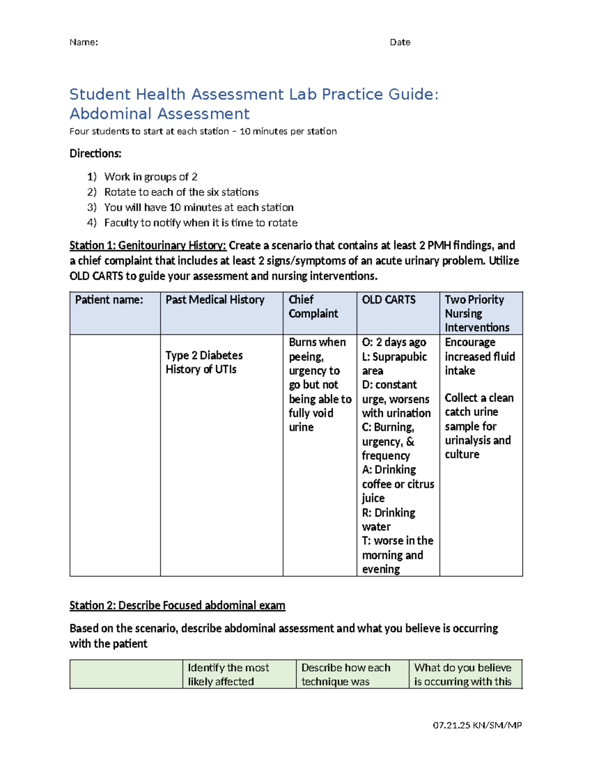 NUR 101: Student Health Assessment Lab Guide - Abdominal Assessment ...