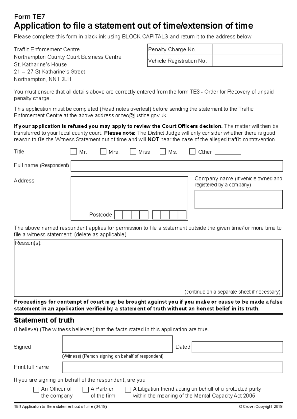 TE7 Application for Out of Time Witness Statement Guidance - Studocu