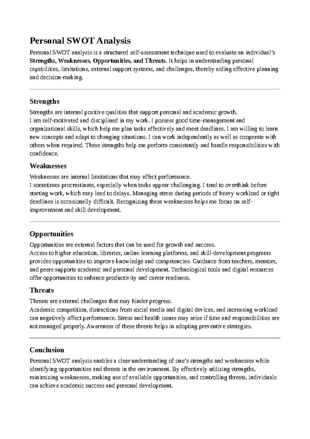 Personal SWOT Analysis - Activity Overview - Studocu