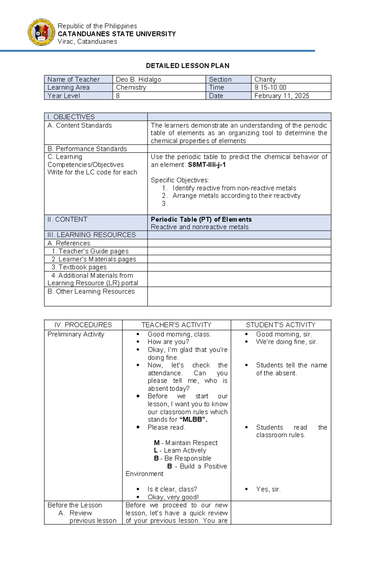 Detailed Lesson Plan on Reactive & Non-Reactive Metals (CHEM 8) - Studocu