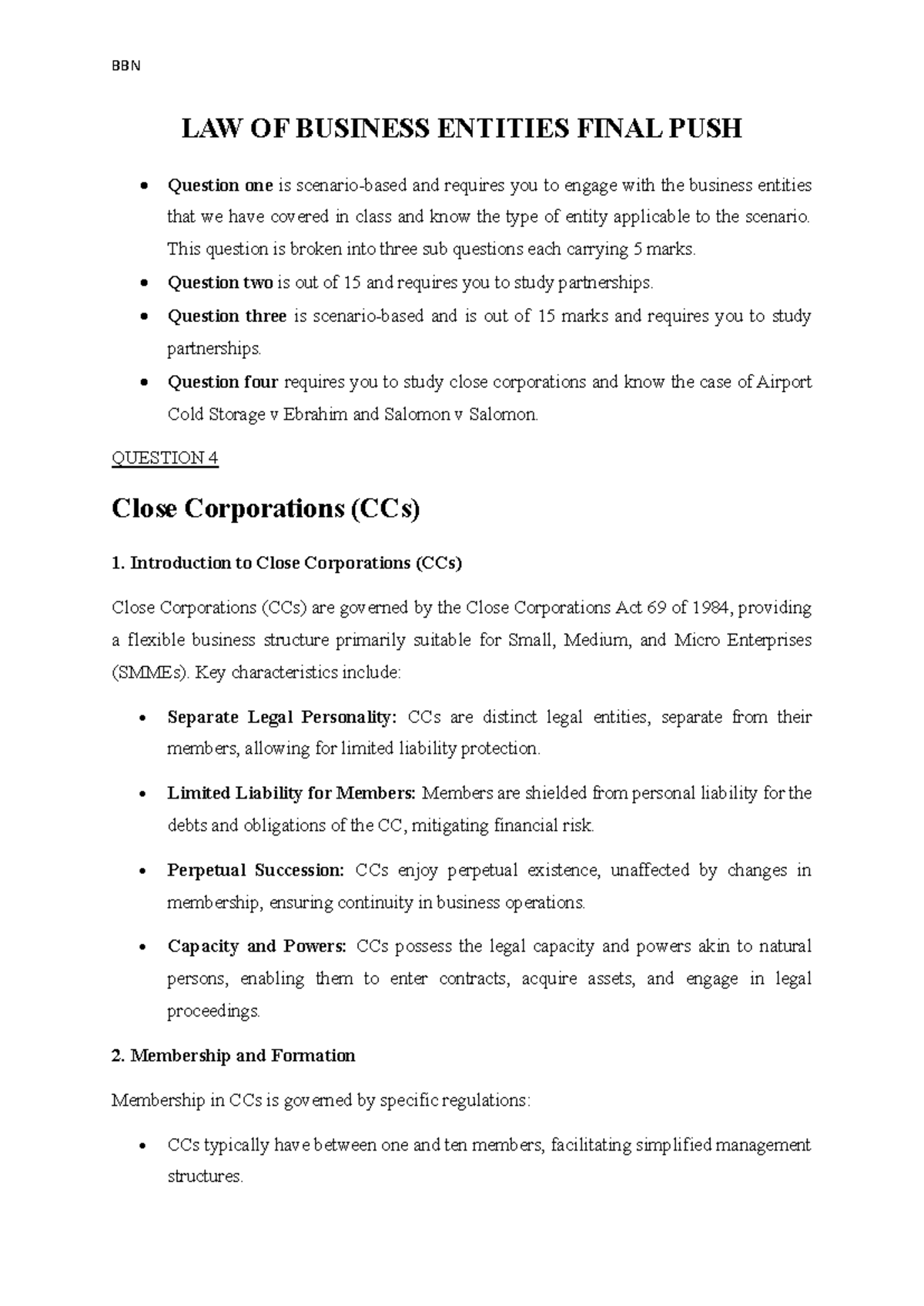 LBUE LAW OF BUSINESS ENTITIES Final Exam Study Guide - Studocu