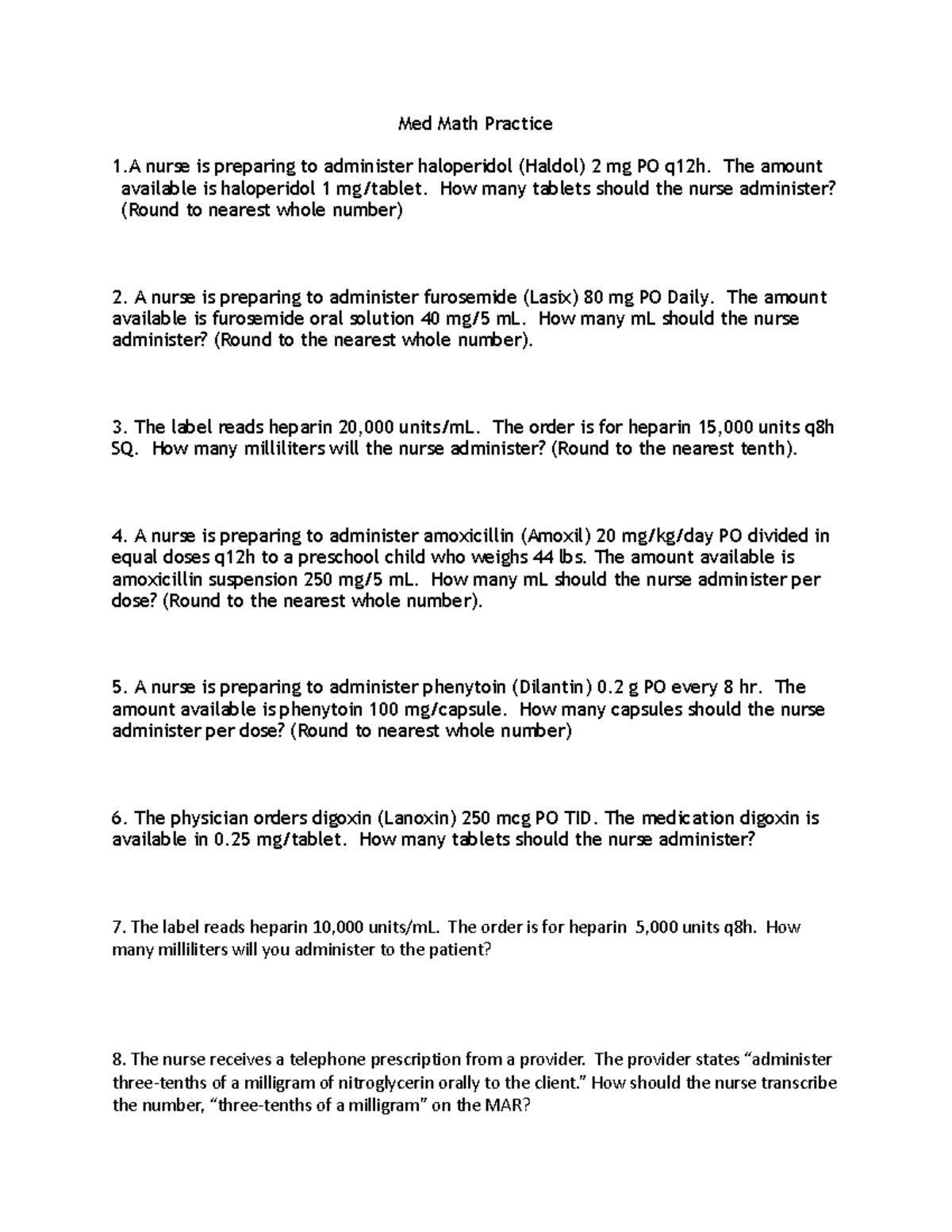 Med math practice - study notes for lecture - Med Math Practice 1 nurse ...