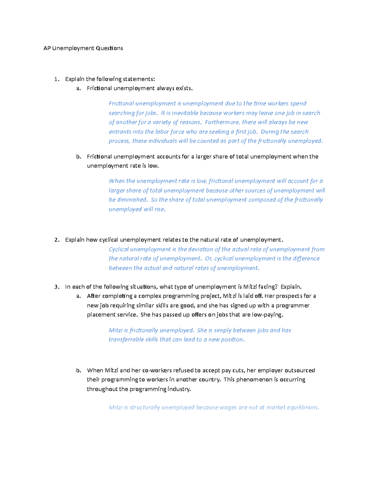 Answers to AP Unemployment Questions - AP Unemployment Questions 1. Explain the following - Studocu