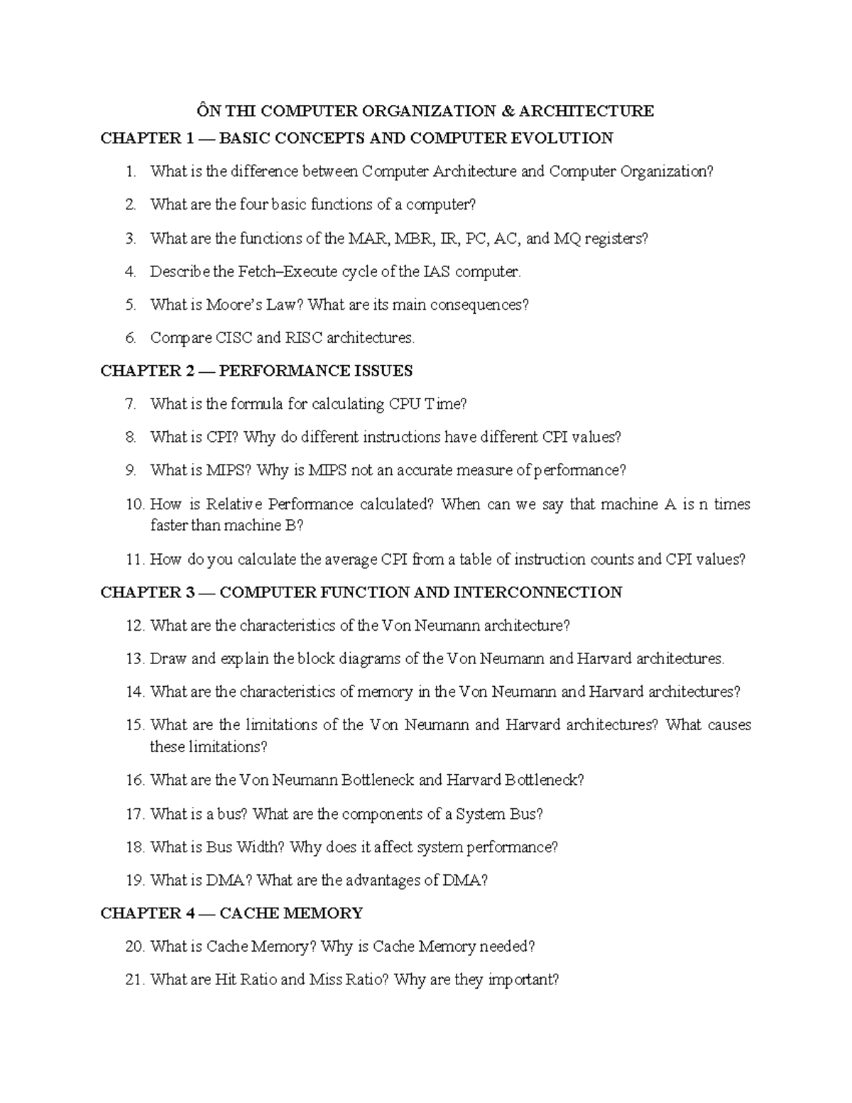 ÔN THI COMPUTER ORGANIZATION ARCHITECTURE: CHAPTERS 1-4 REVIEW - Studocu