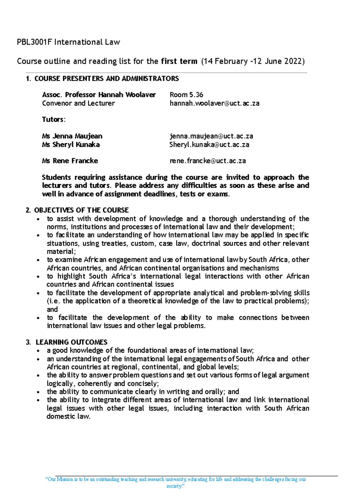 PBL3001F International Law Course Outline and Reading List for Term 1 ...