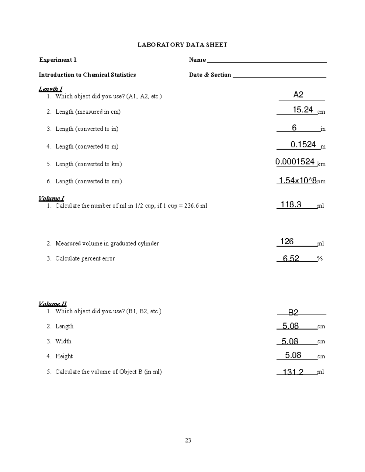 CHEM 1111 Lab Experiments Data Sheets and Analysis - Studocu