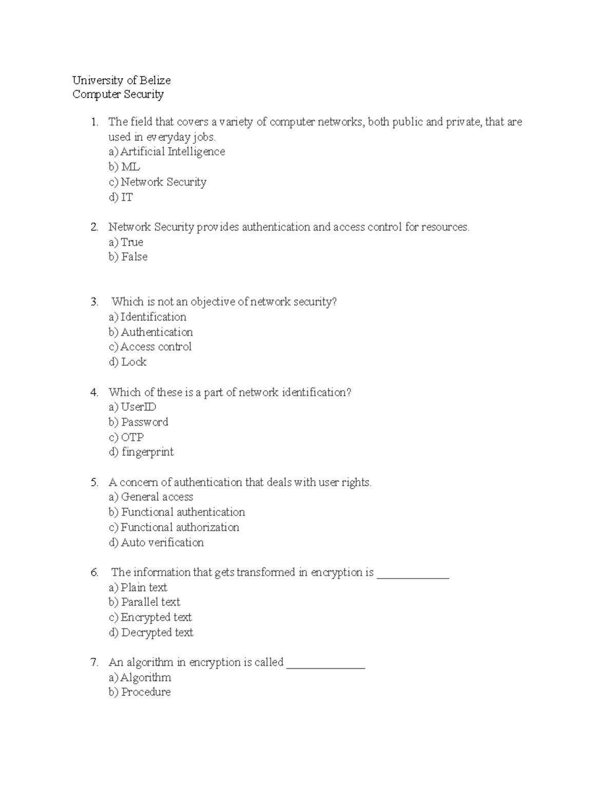 Computer Security Quiz - University of Belize - Studocu