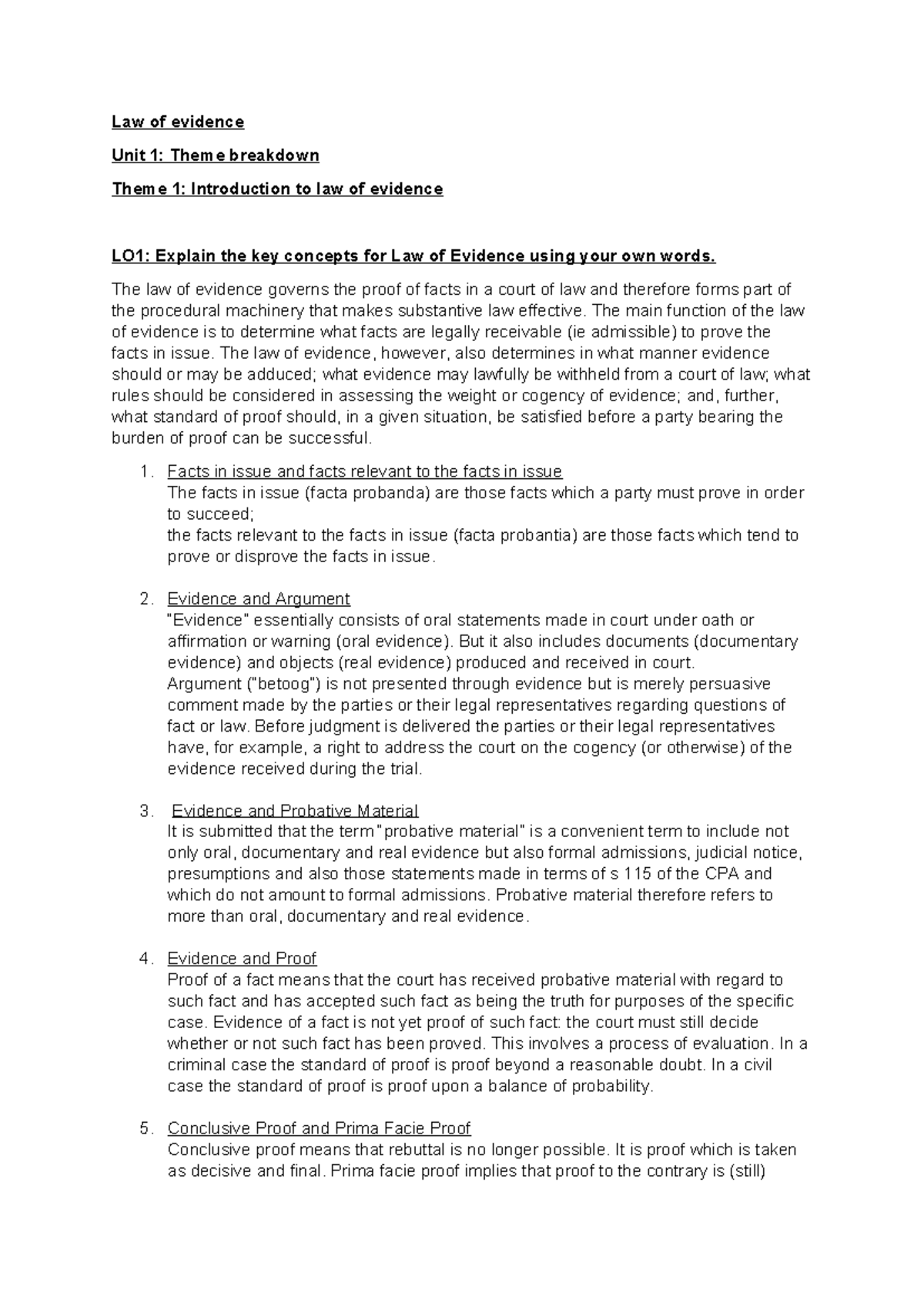 Law of Evidence: Unit 1 Summary and Key Concepts - Studocu