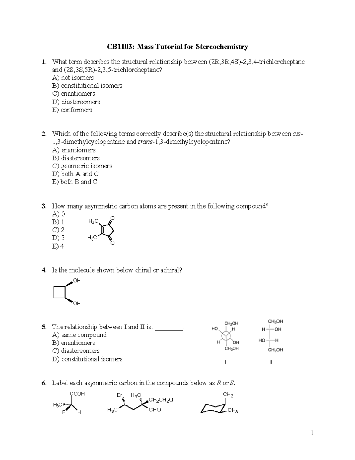 CB1103 Tutorial 3 - Stereochemistry Concepts and Exercises - Studocu