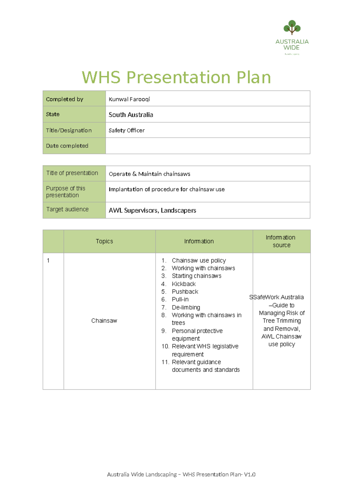 AWL WHS Presentation Plan: Operate & Maintain Chainsaws Guide - Studocu