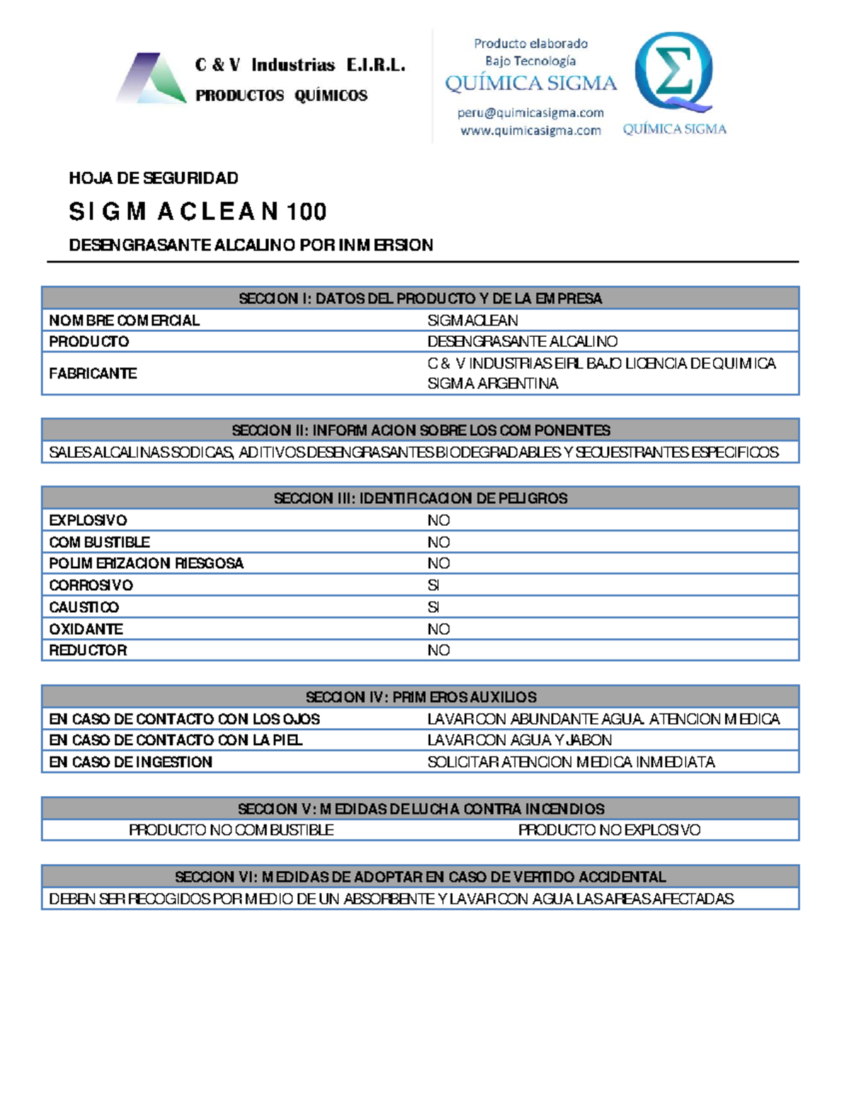 Hoja de Seguridad: Desengrasante Alcalino Sigmaclean 100 25 KG - Document Preview