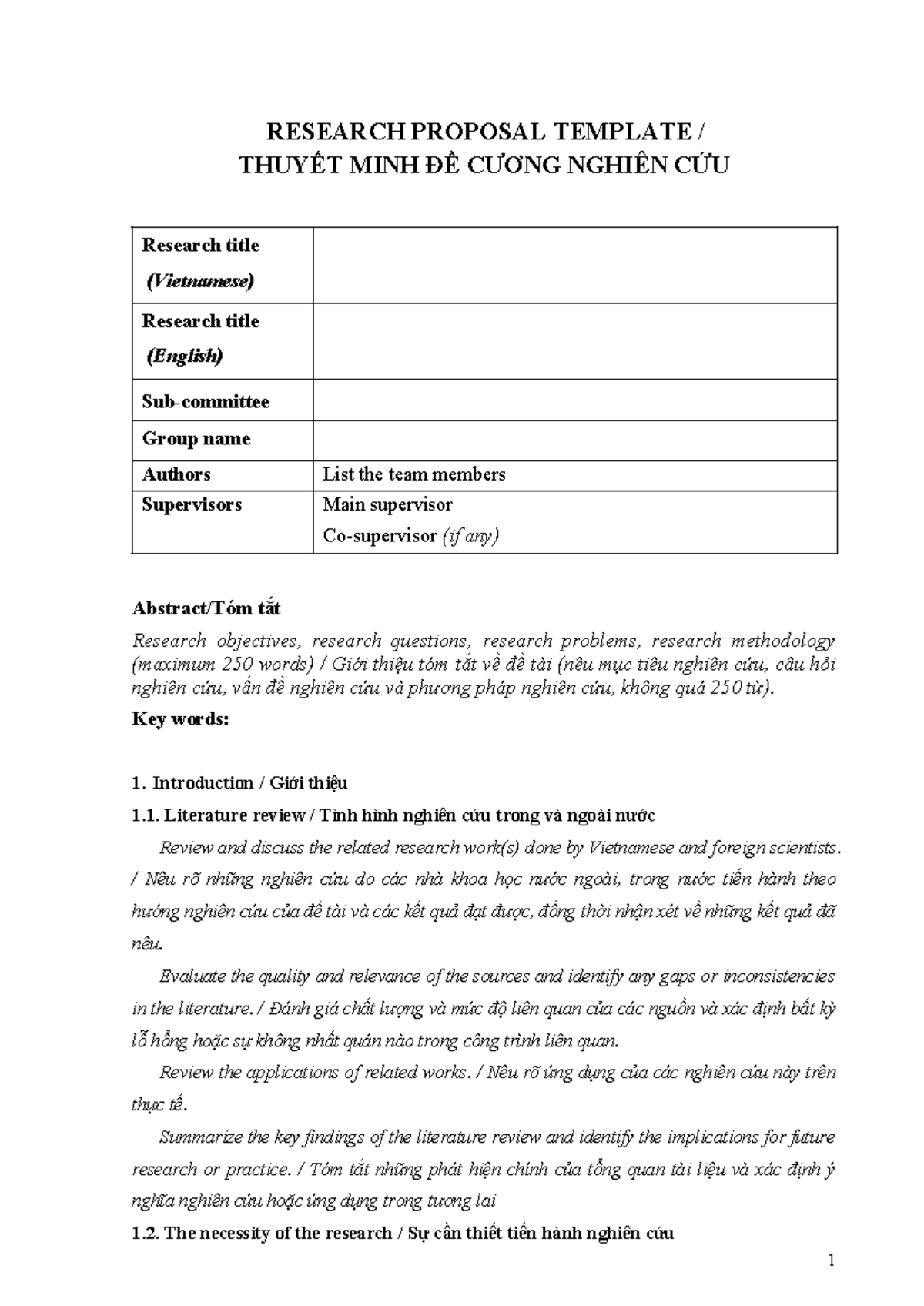 RESEARCH PROPOSAL TEMPLATE (THUYẾT MINH ĐỀ CƯƠNG NGHIÊN CỨU) - Studocu