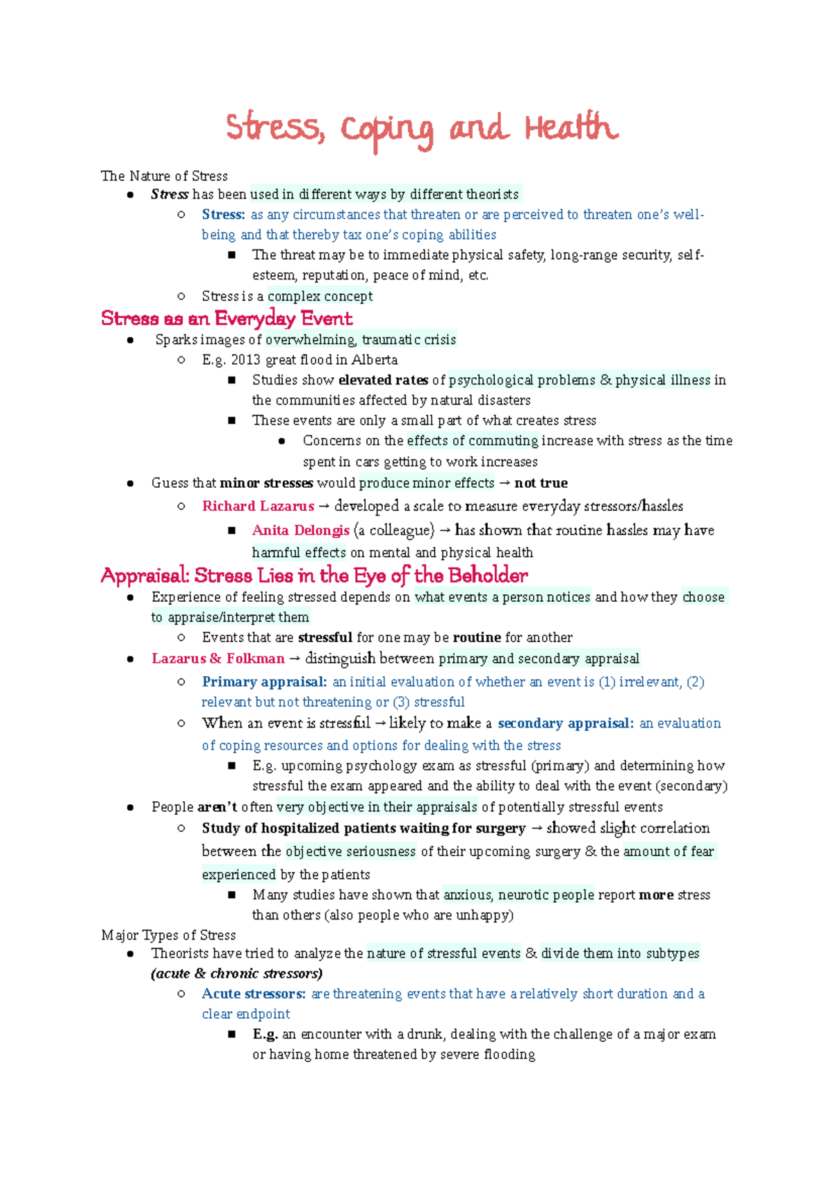 Chapter 14 Notes - Stress, Coping and Health The Nature of Stress ...
