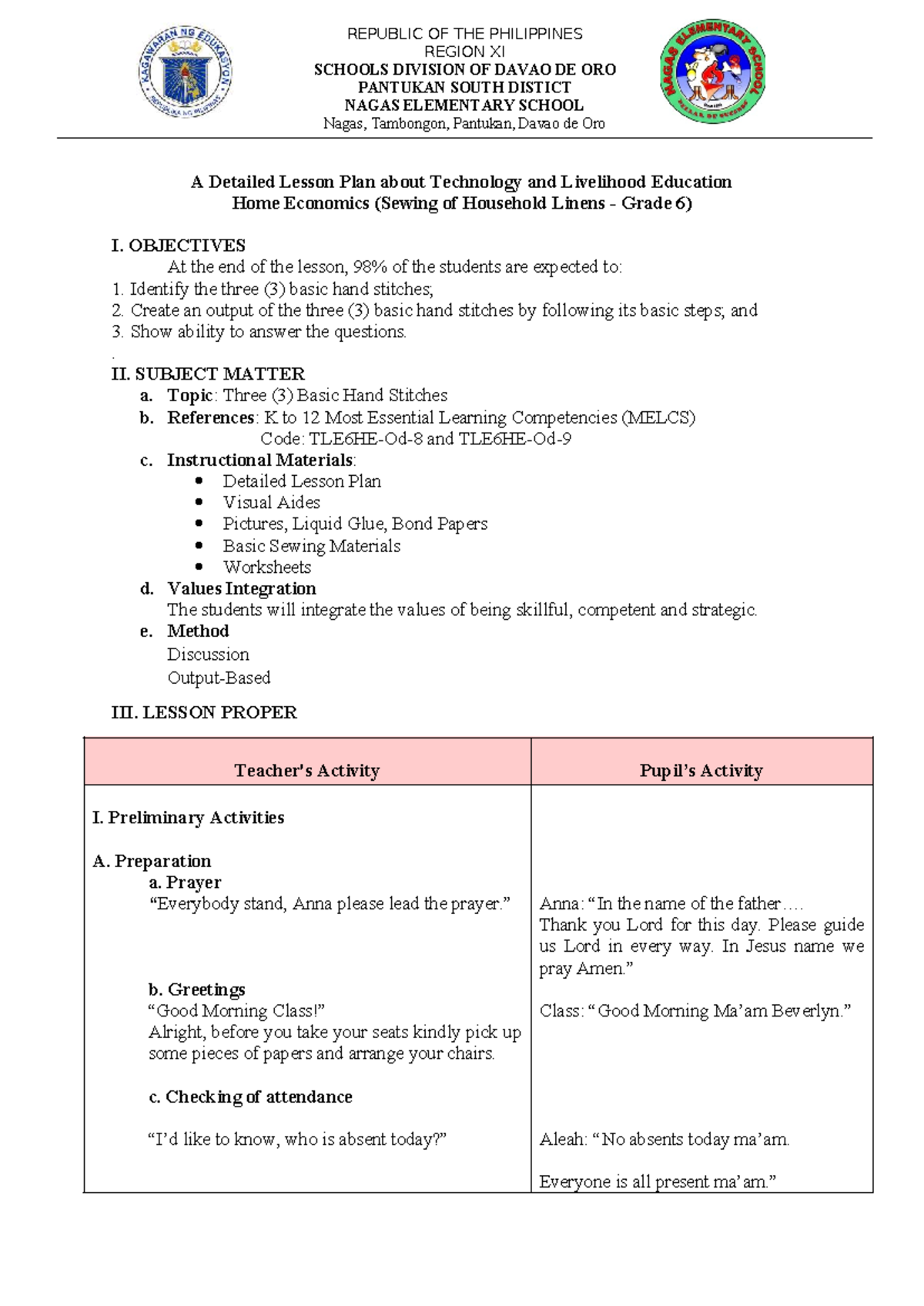 Detailed Lesson Plan on Hand Stitches for Grade 6 TLE - Studocu