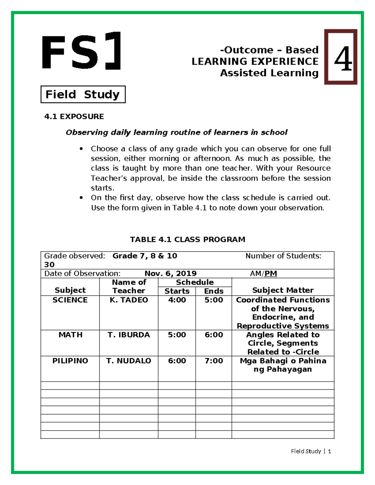 461500133 FS 1 Observations and Strategies in Chapter 4 of Field Study ...