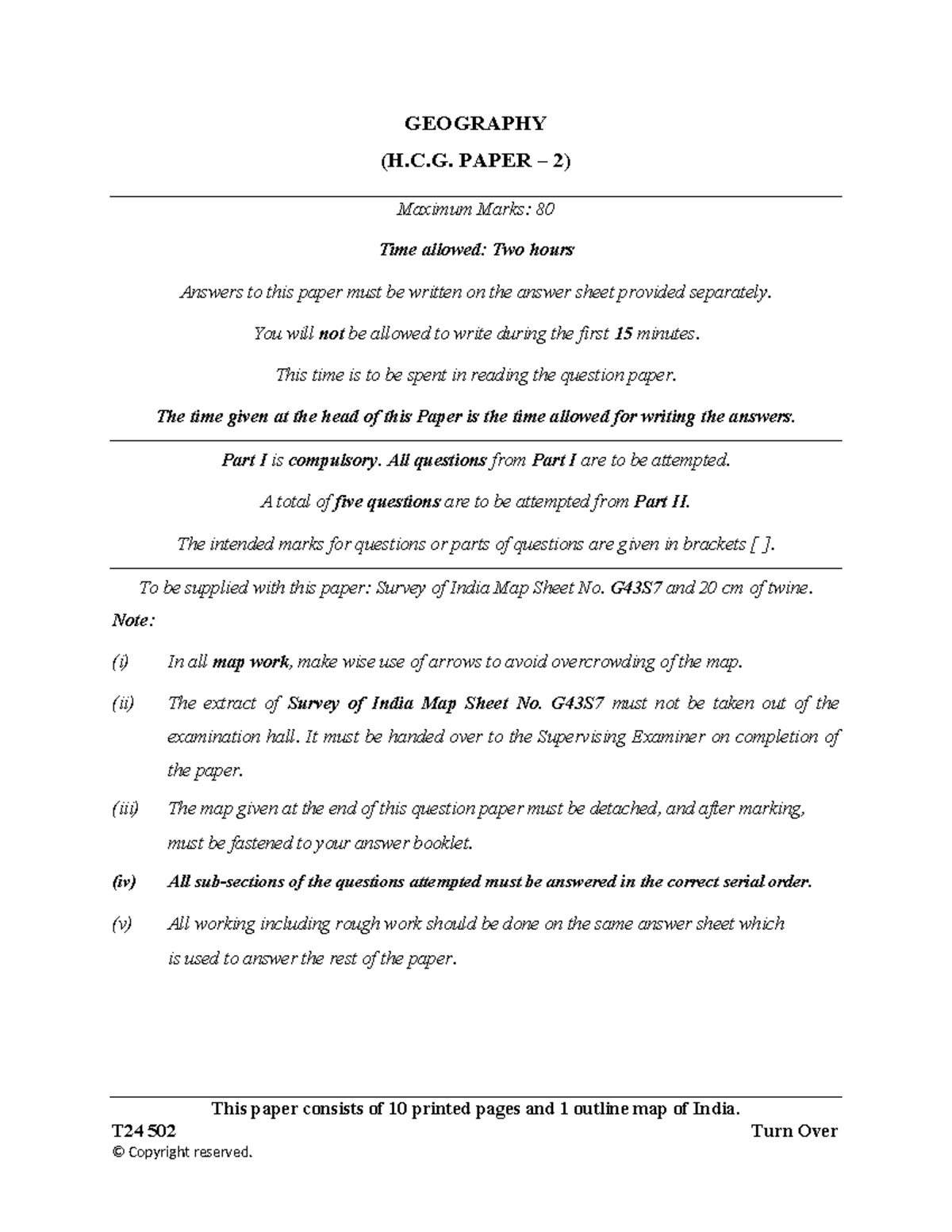 Geo ICSE 2024 - 502 HCG2 - Geography Paper 2 Question Paper - Studocu