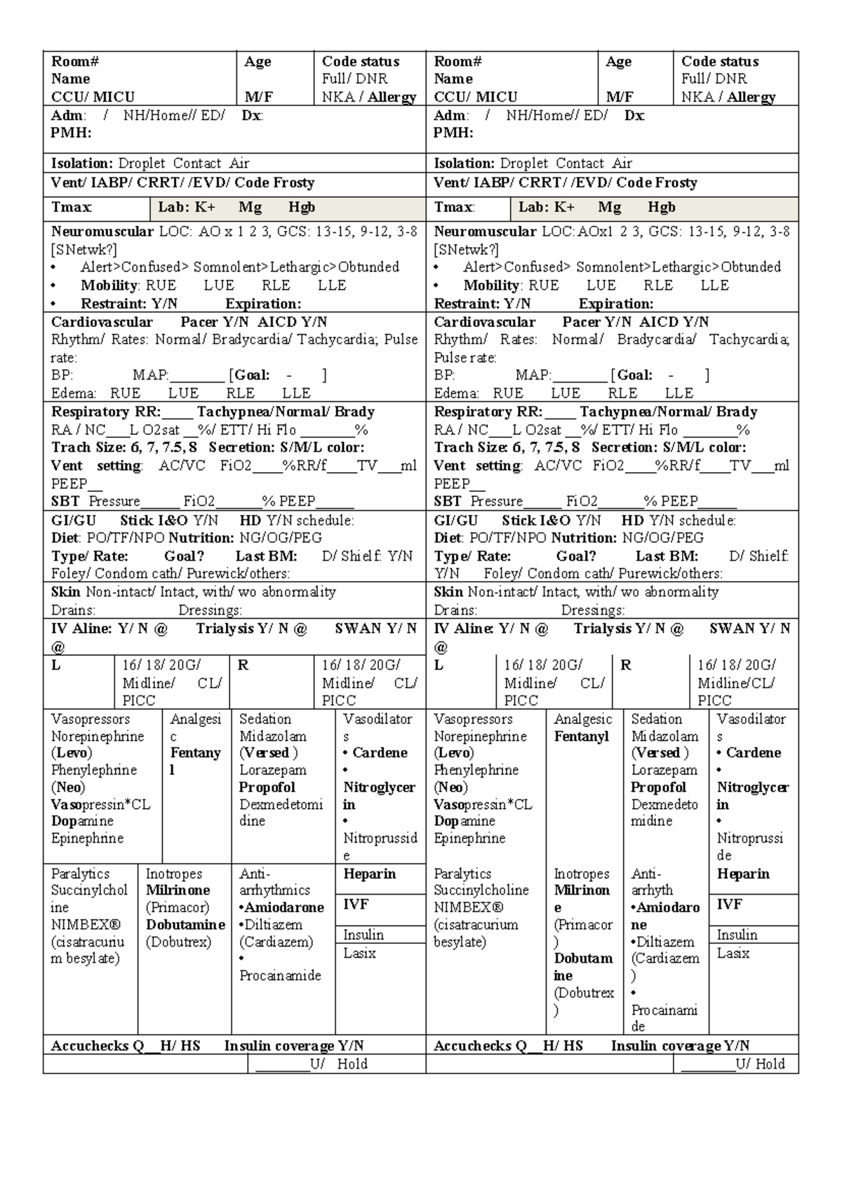 MICU Shift Report Template: Patient Assessment & Care Details - Studocu
