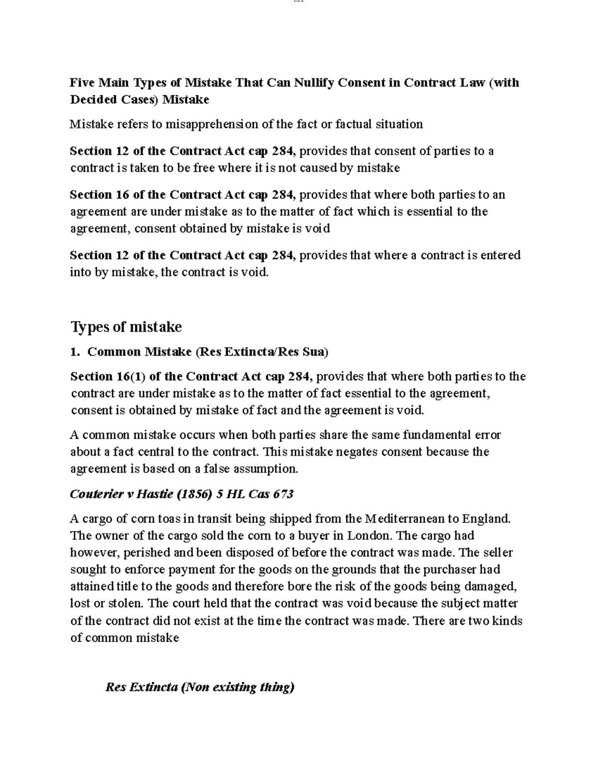 Contract II CW - Mistakes Nullifying Consent in Contract Law - Studocu