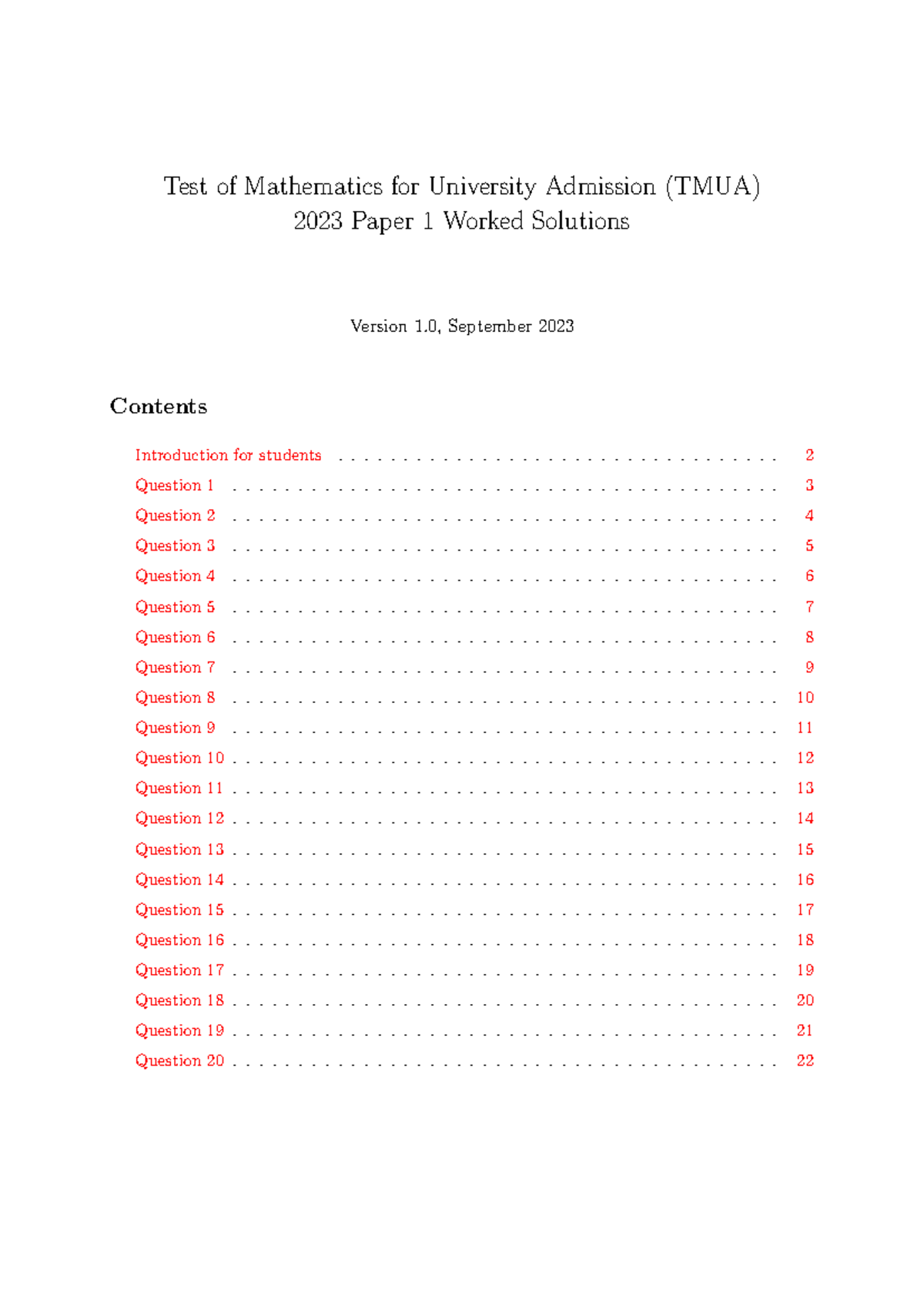 TMUA 2023 Paper 1 Worked Solutions and Explanations - Studocu