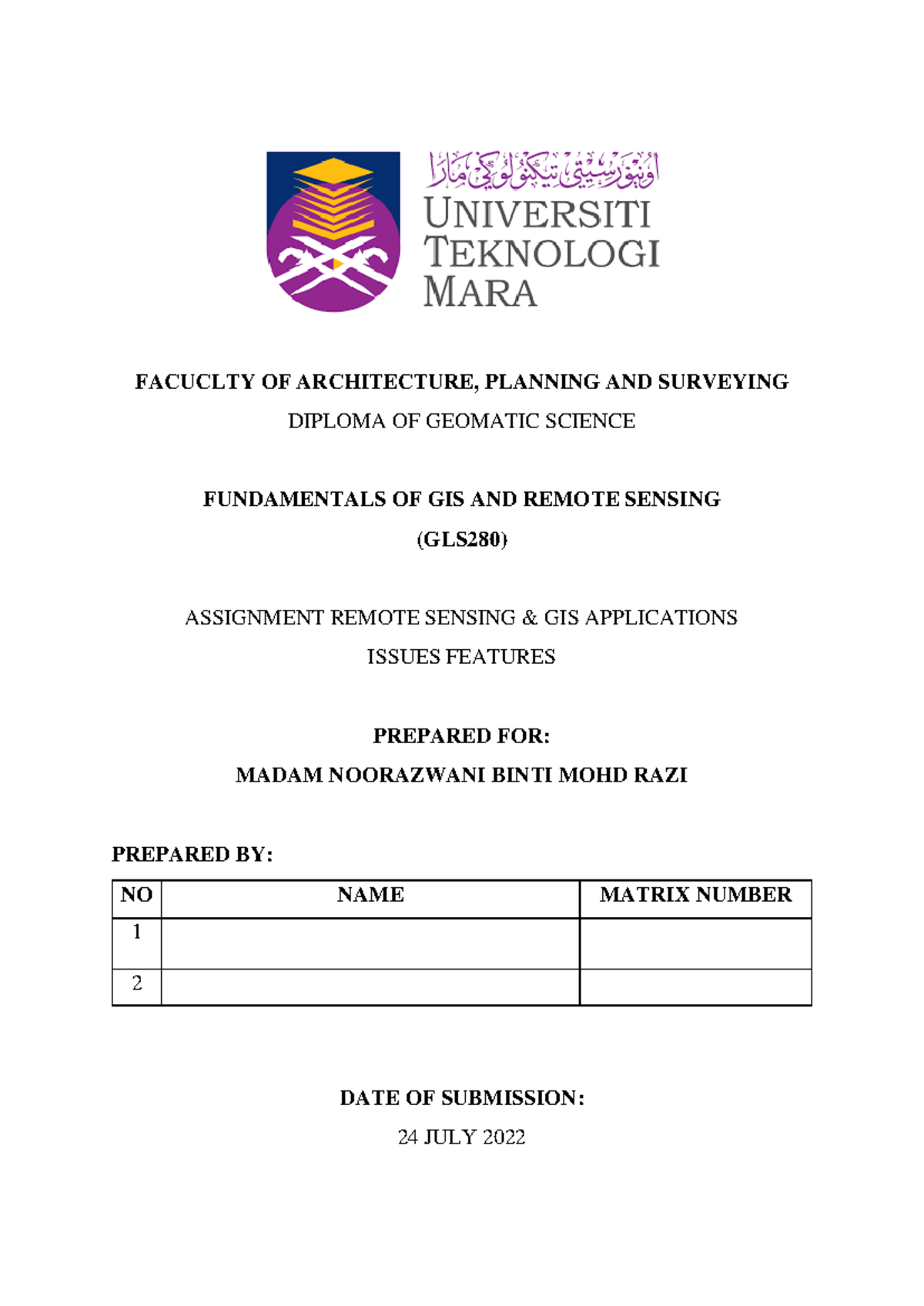ASSIGNMENT REMOTE SENSING & GIS APPLICATIONS ISSUES FEATURES - FACUCLTY ...