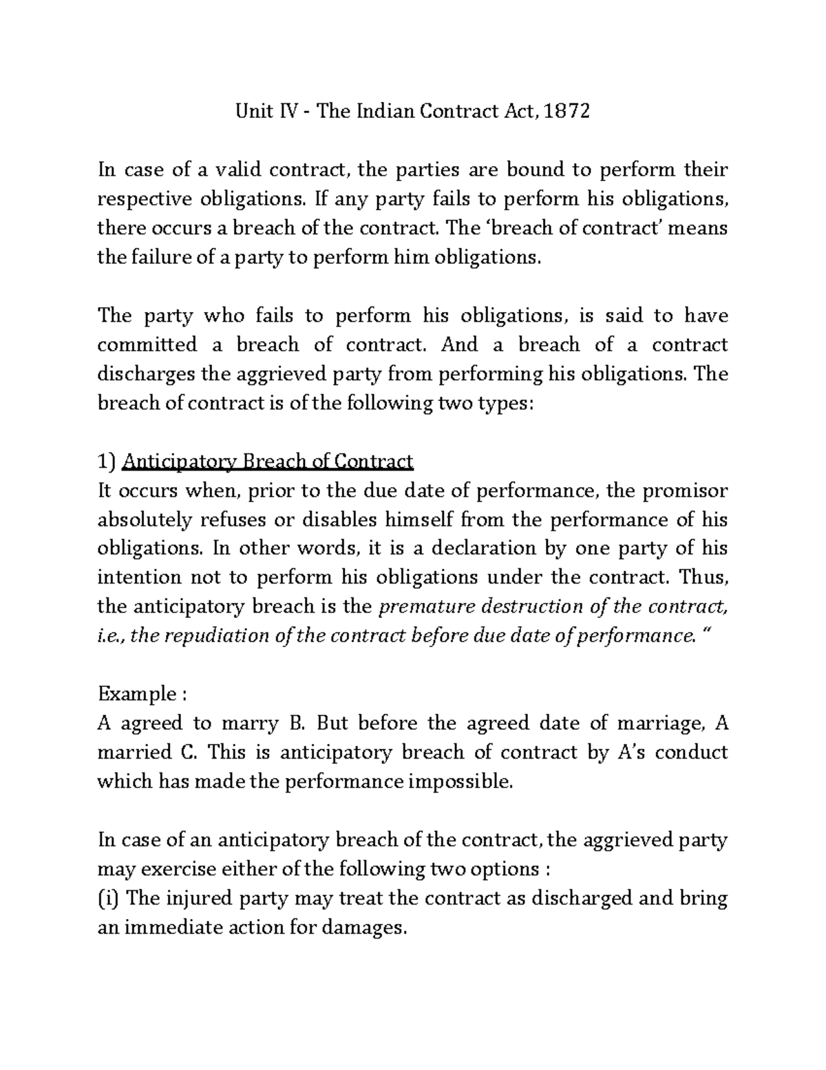 Unit IV - The Indian Contract Act, 1872 - If any party fails to perform ...