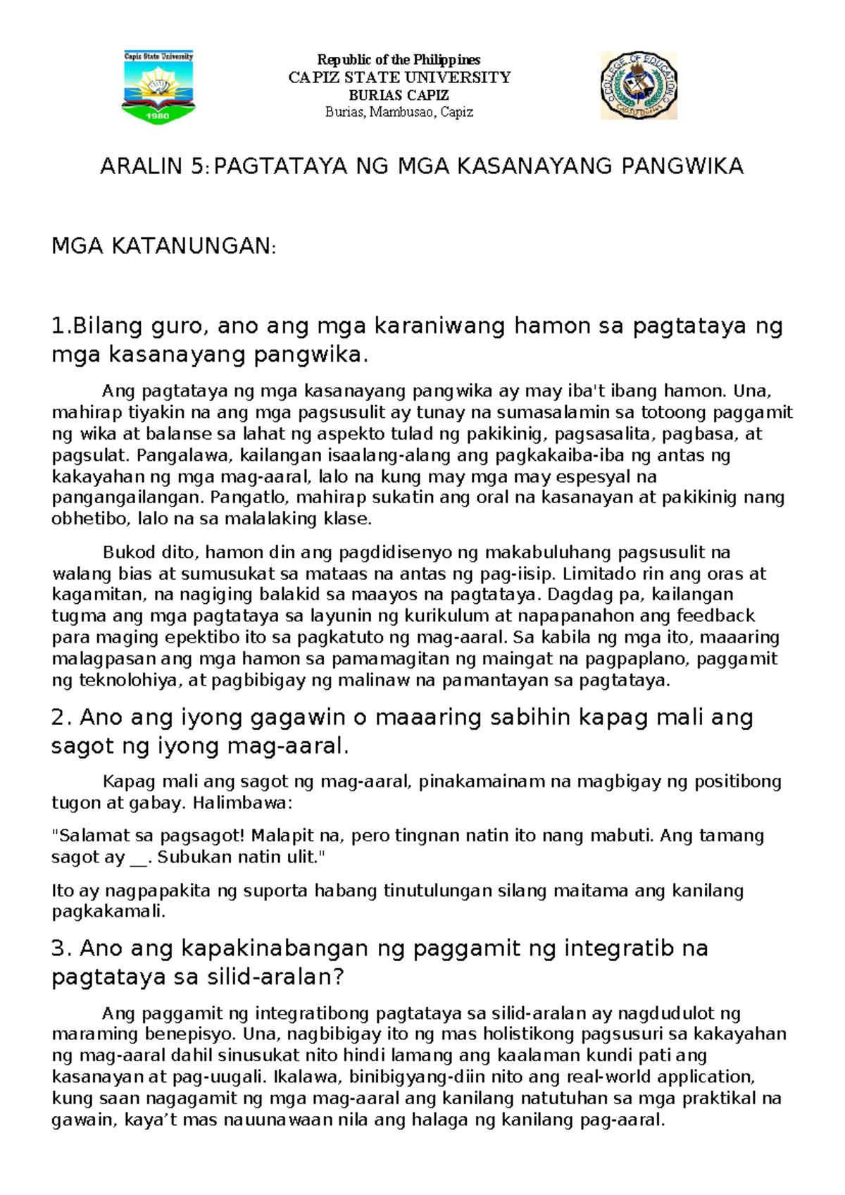 Pagsasanay - assignments - Republic of the Philippines CAPIZ STATE ...