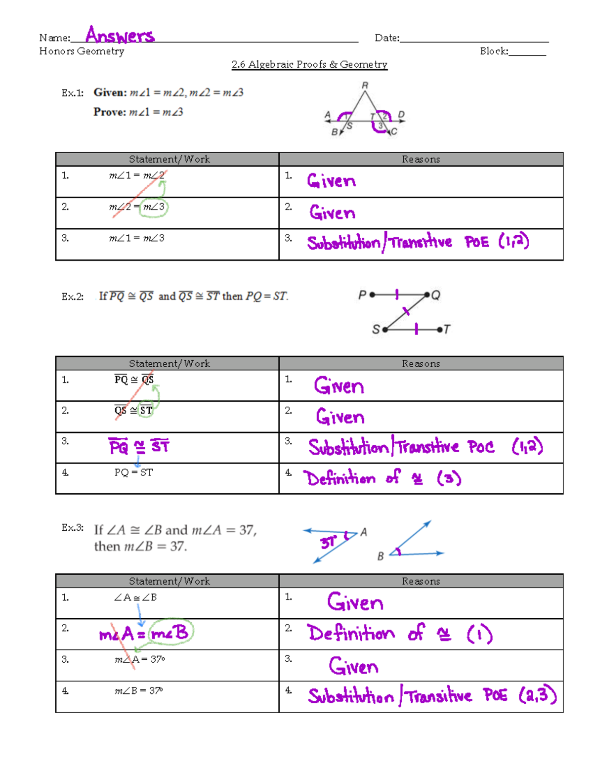 Honors Geometry 2.6: Algebraic Proofs & Geometry Exercises - Studocu