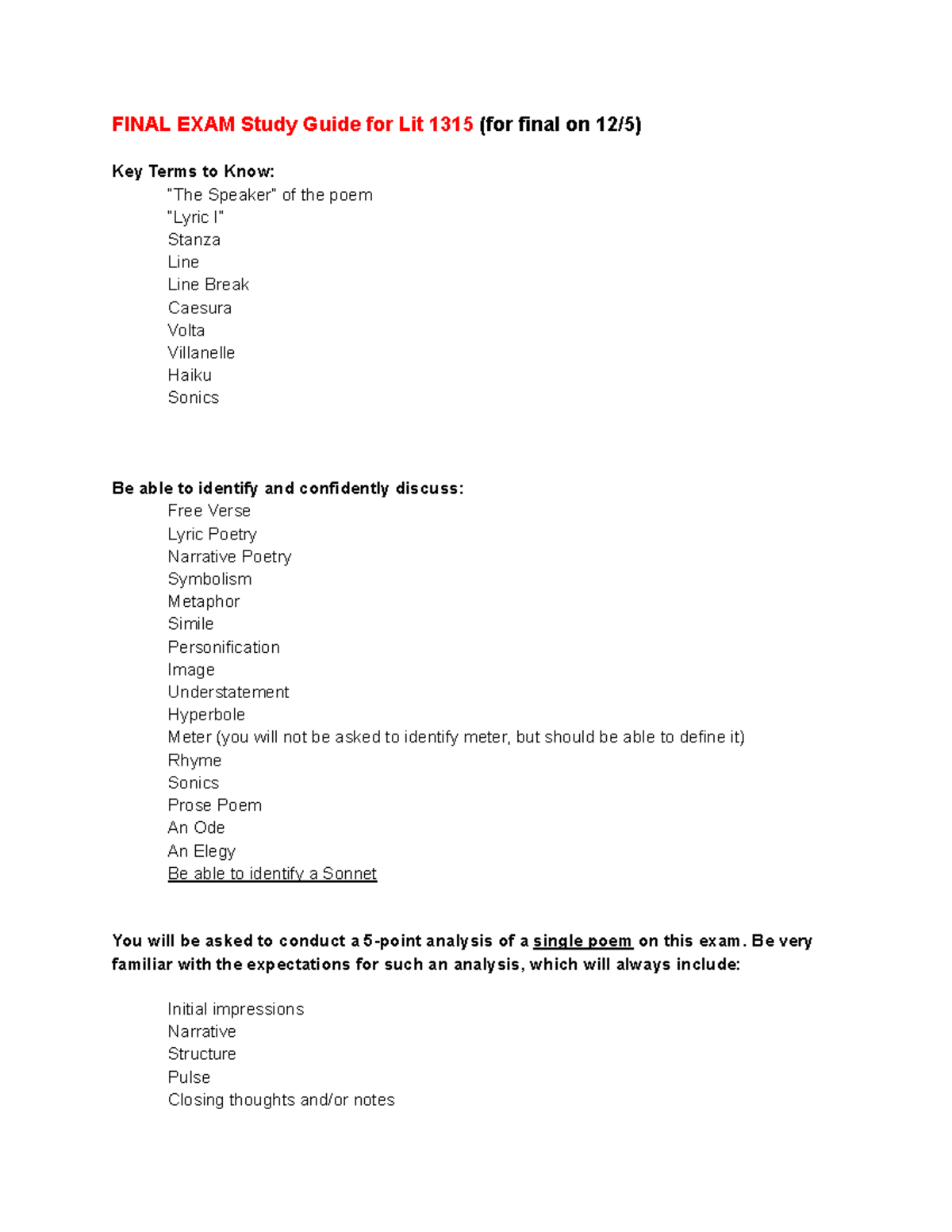 Lit 1315 Poetry Final Exam Study Guide: Key Terms & Analysis Tips - Studocu