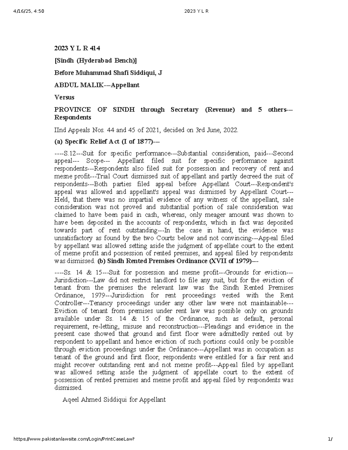 2023 Y L R 414: Judgment Analysis on Specific Performance & Tenancy ...