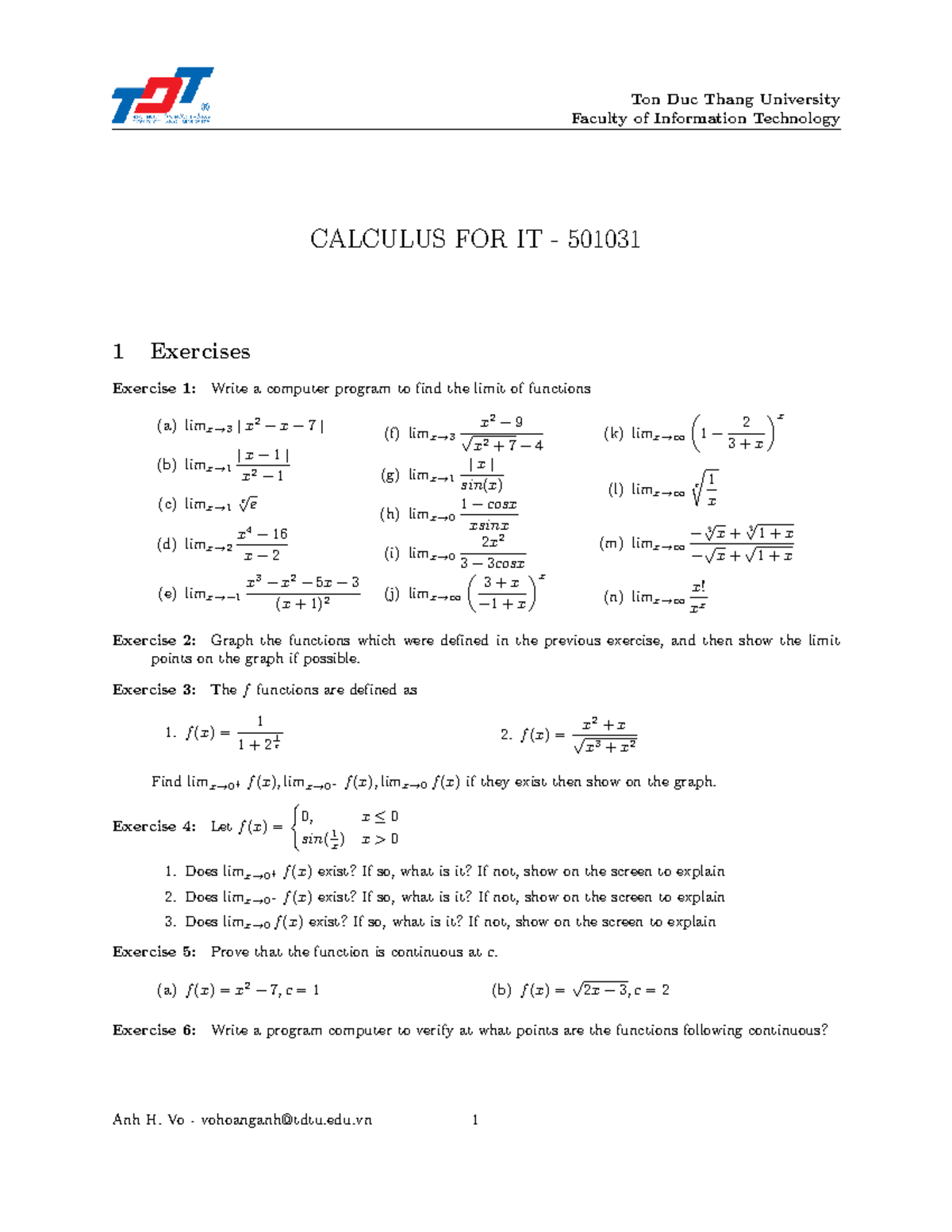 Lab 3 - Calculus for IT 501031: Limit and Continuity Exercises - Studocu