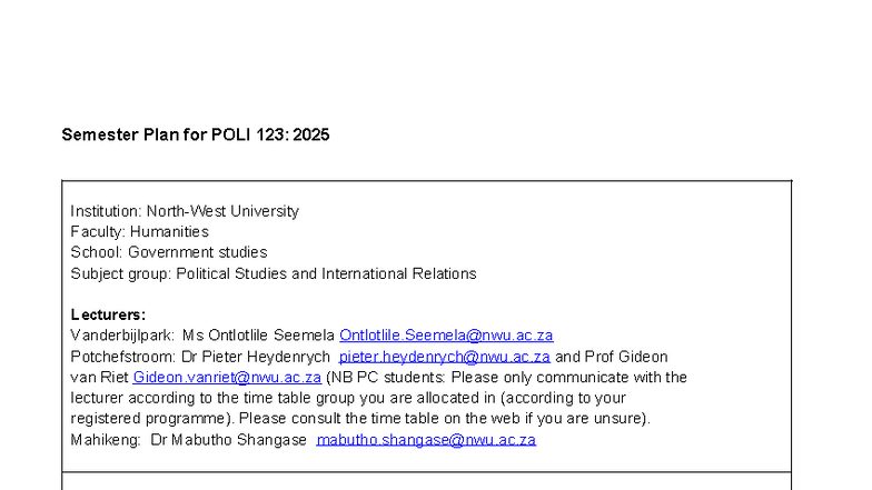 2025 POLI 123: Comprehensive Semester Plan for Political Studies - Studocu
