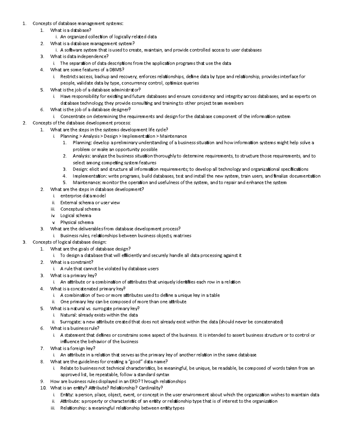 DBMS Concepts & Database Design: Study Guide for Exam 1 - Studocu