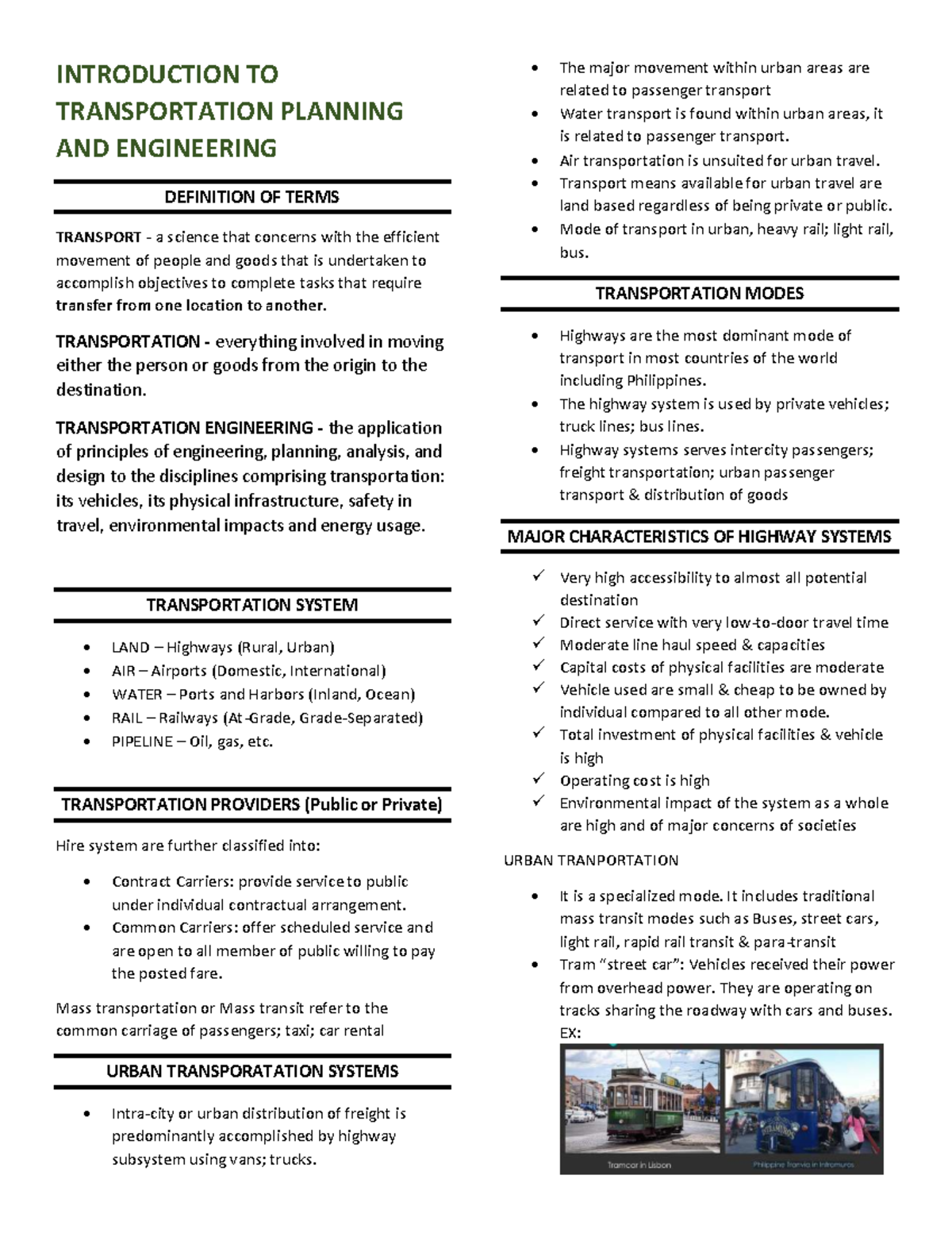 Introduction to Transportation Planning & Engineering (Mod 1 Notes ...
