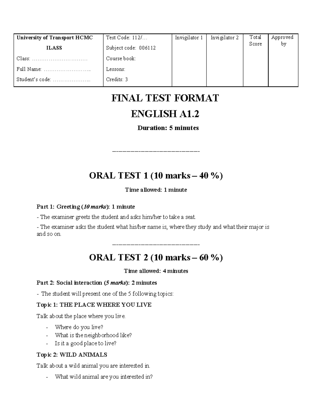 Bài thi nói cuối kỳ TA - tài liệu - FINAL TEST FORMAT ENGLISH A1. 2 ...