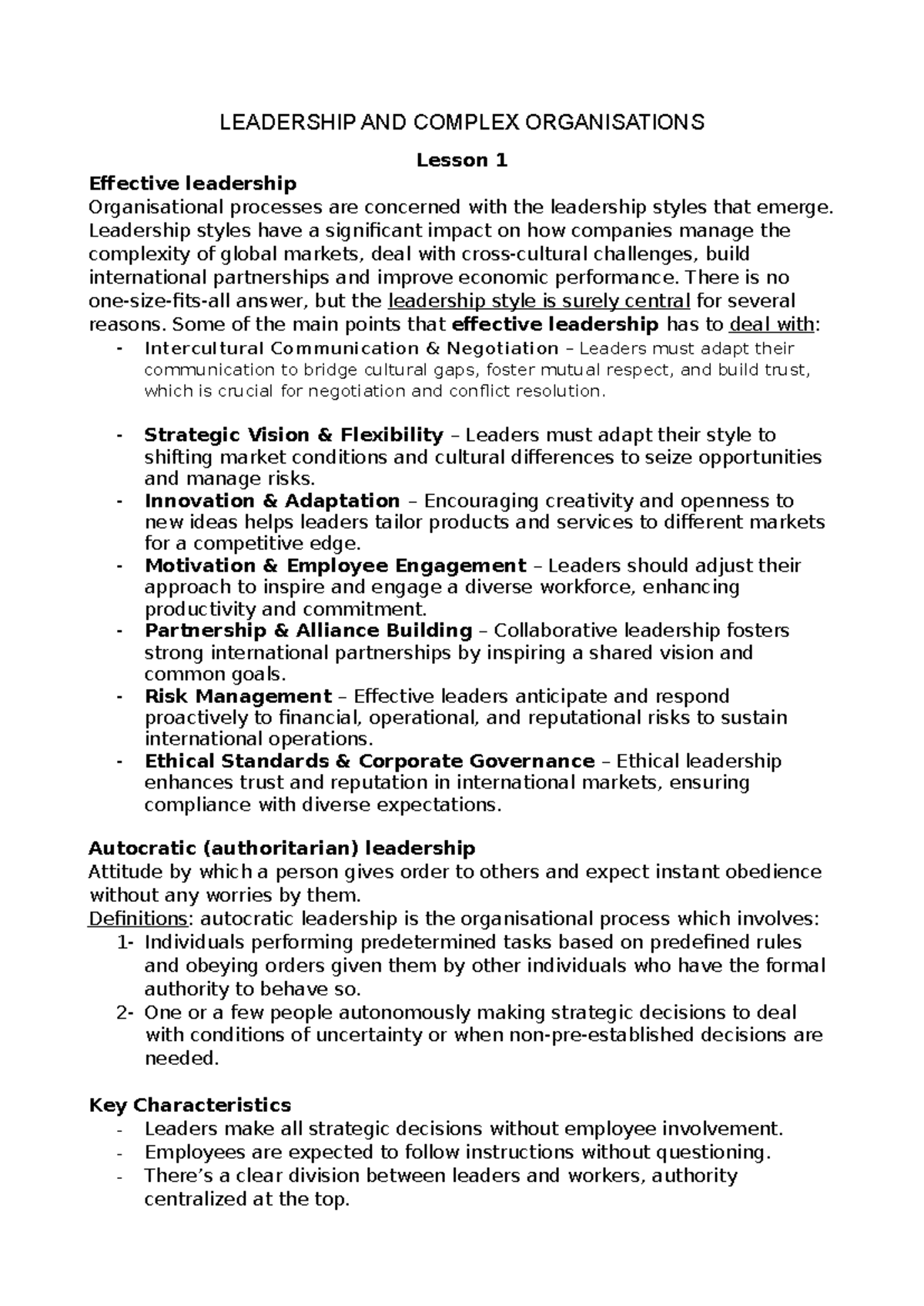 LEADERSHIP AND COMPLEX ORGANISATIONS Lesson 1: Effective Leadership ...