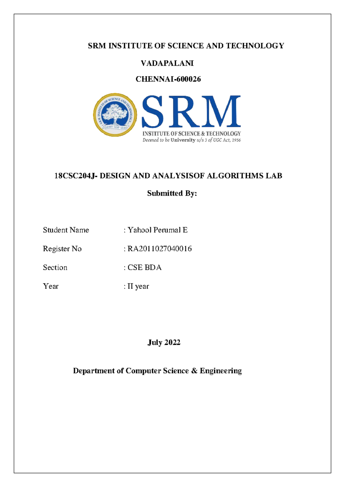 Design and Analysis of Algorithms Lab Record - SRM CSE BDA Final - Studocu