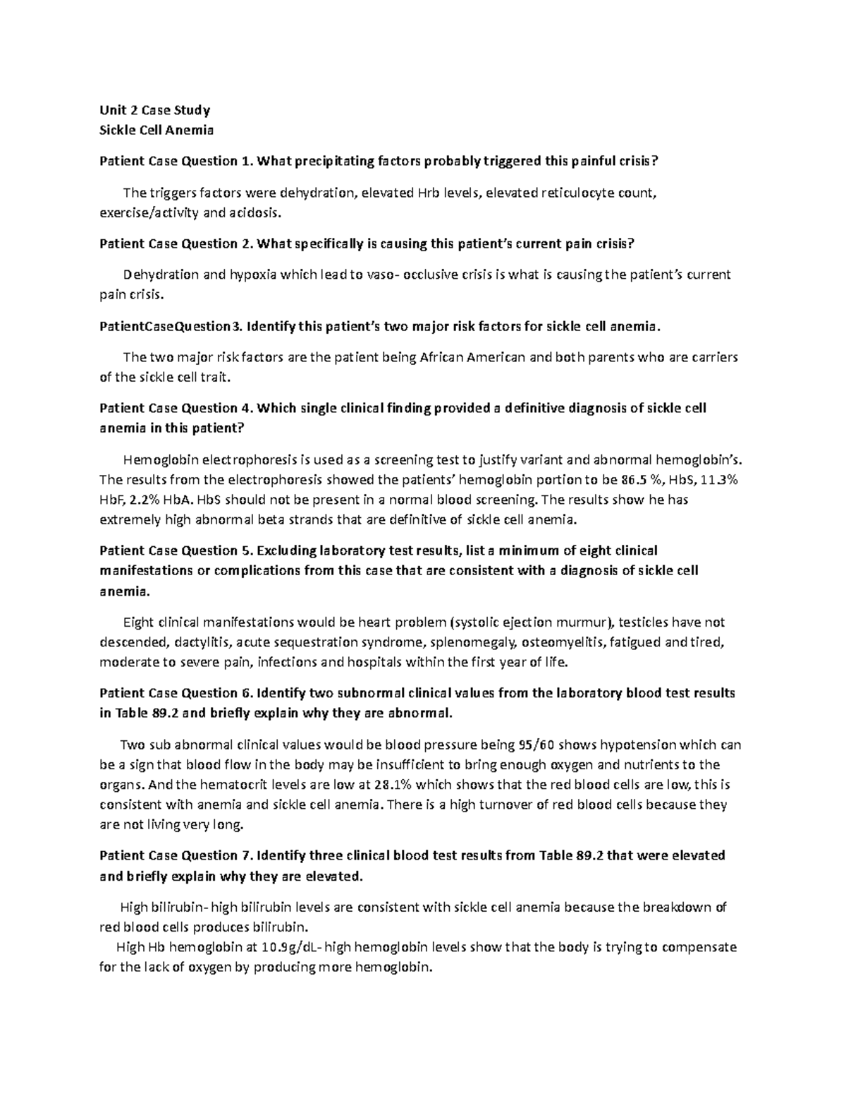Unit 2 Case Study: Sickle Cell Anemia & Turner Syndrome Analysis - Studocu