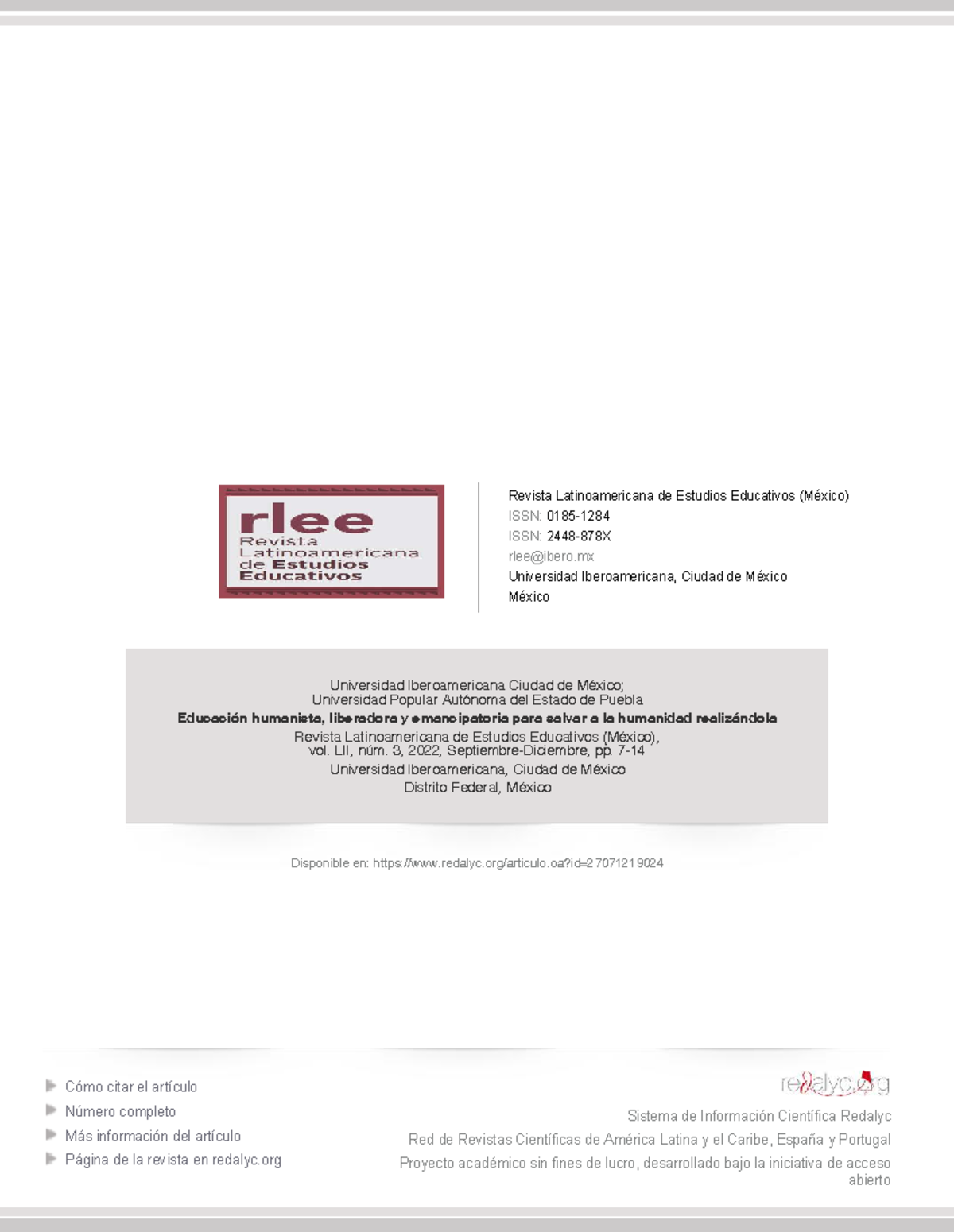 Educación Humanista Emancipatoria: RLEE Vol. LII, Núm. 3, 2022 - Studocu
