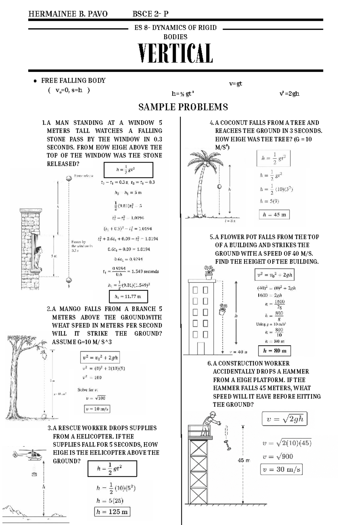 BSCE P ES DYNAMICS OF RIGID BODIES: SAMPLE PROBLEMS ON FREE FALL AND ...